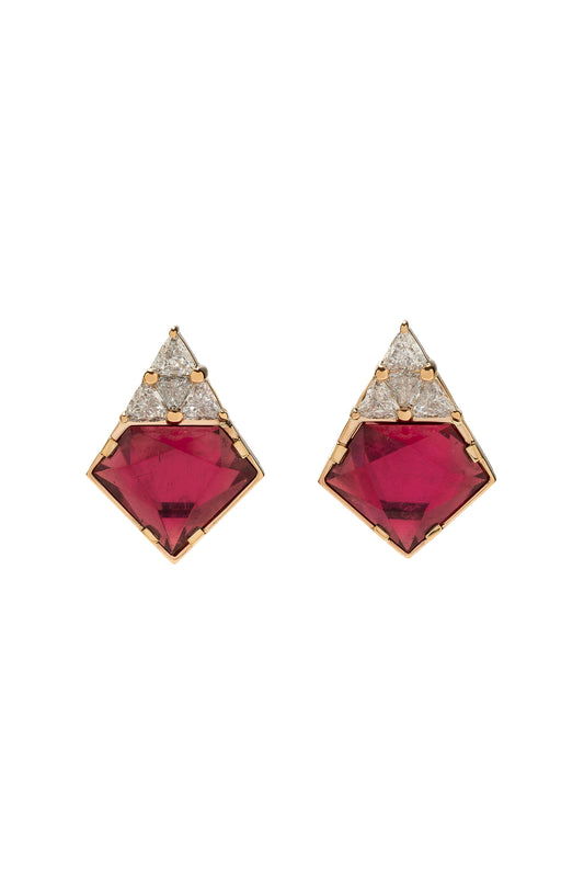 Rubellite earrings with white diamonds in 18k rose gold