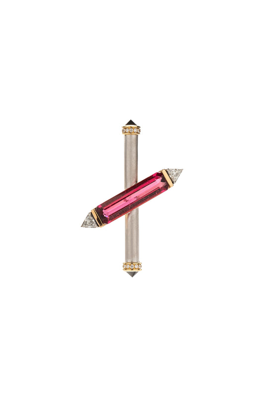 Rubellite ARA X MR DEAN brooch withinverted black diamonds and diamonds in 18k yellow and rose gold.