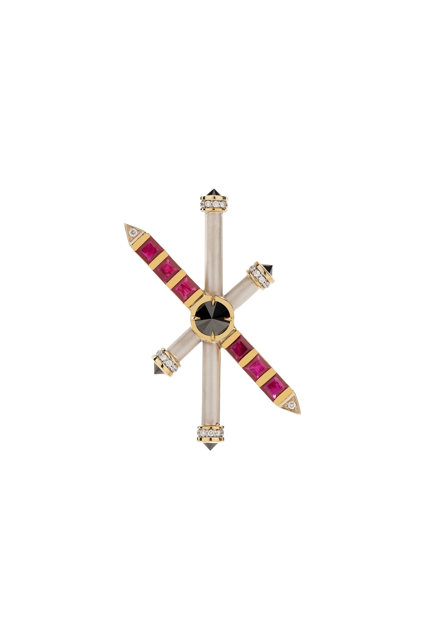 Rubi ARA X MR DEAN brooch with inverted black diamonds and diamonds in 18k yellow and rose gold.