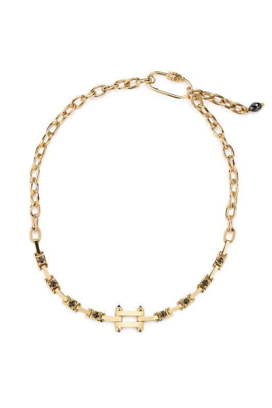 Inverted black diamond Link necklace with white diamond in 18k yellow gold