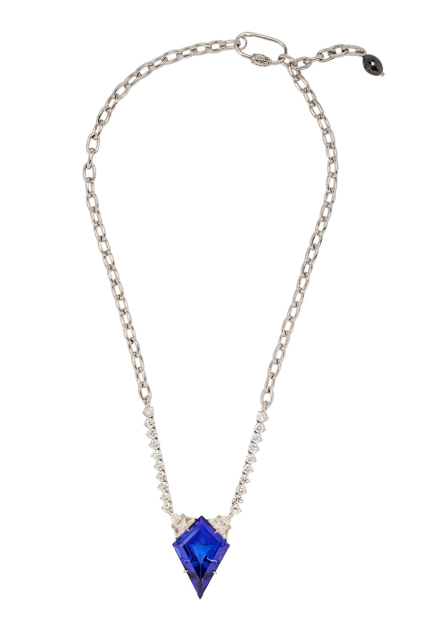 Tanzanite River Chain necklace with white diamonds and black diamond in 18k white gold