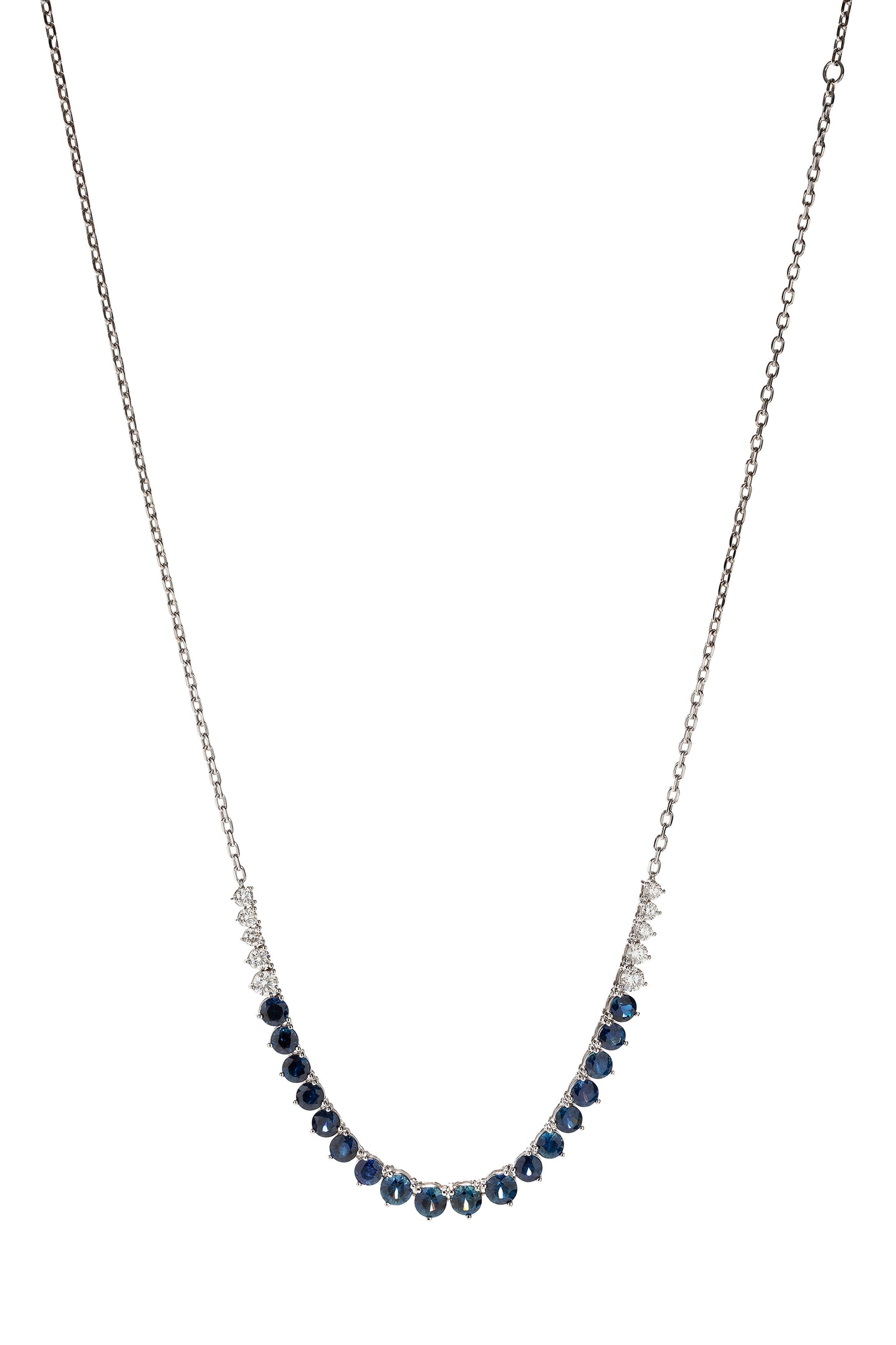 Blue sapphire River Chain necklace with white diamonds in 18k white gold