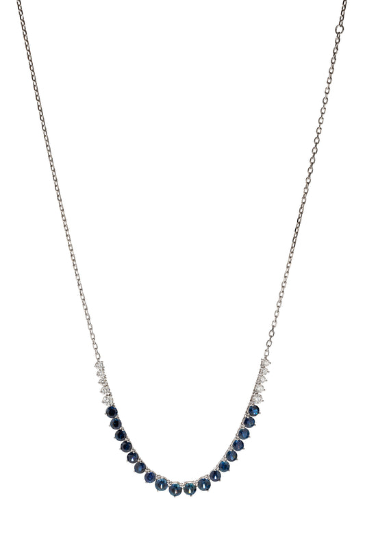 Blue sapphire River Chain necklace with white diamonds in 18k white gold