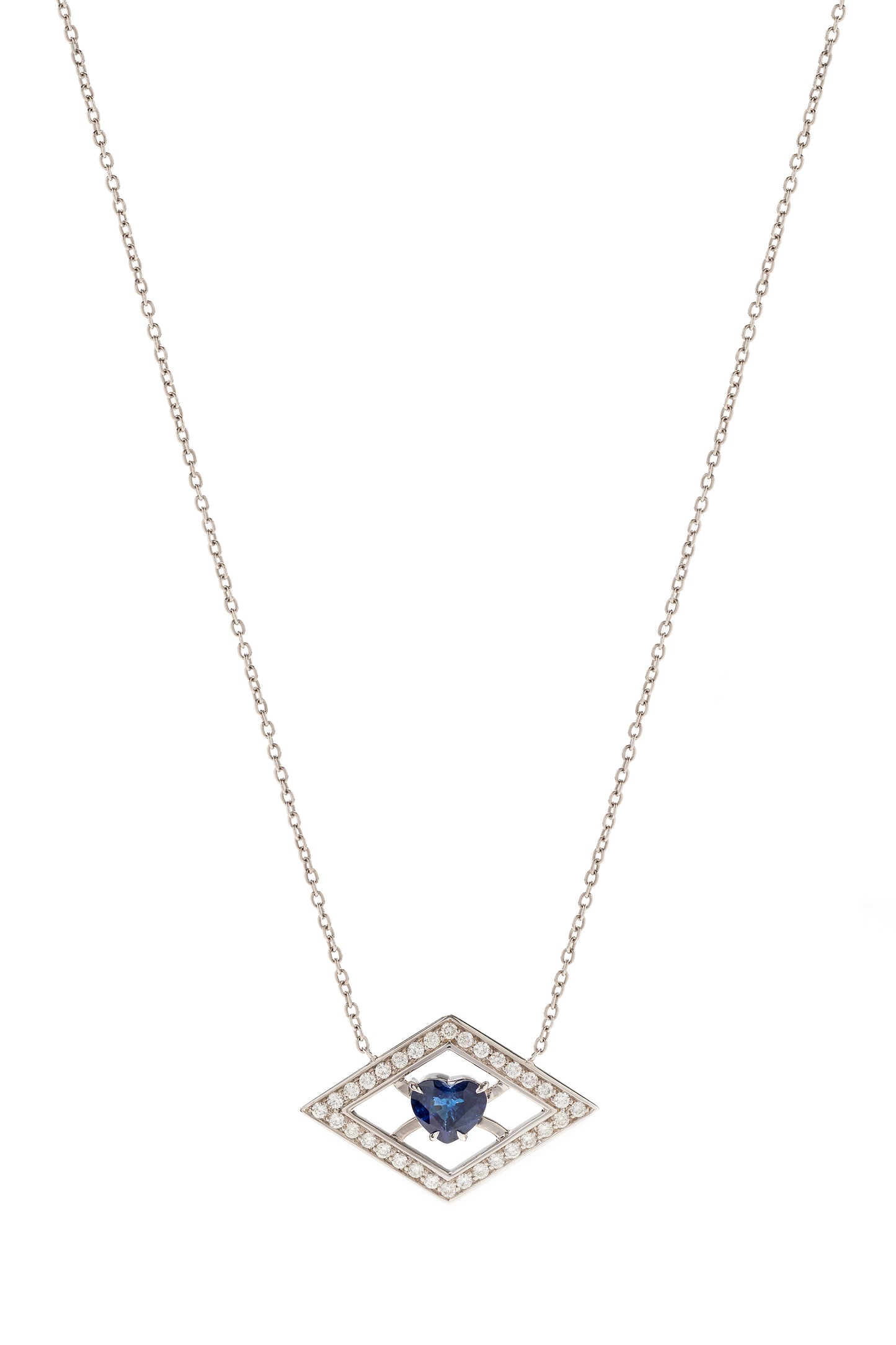 Blue sapphire pendant with white diamonds in 18k white gold