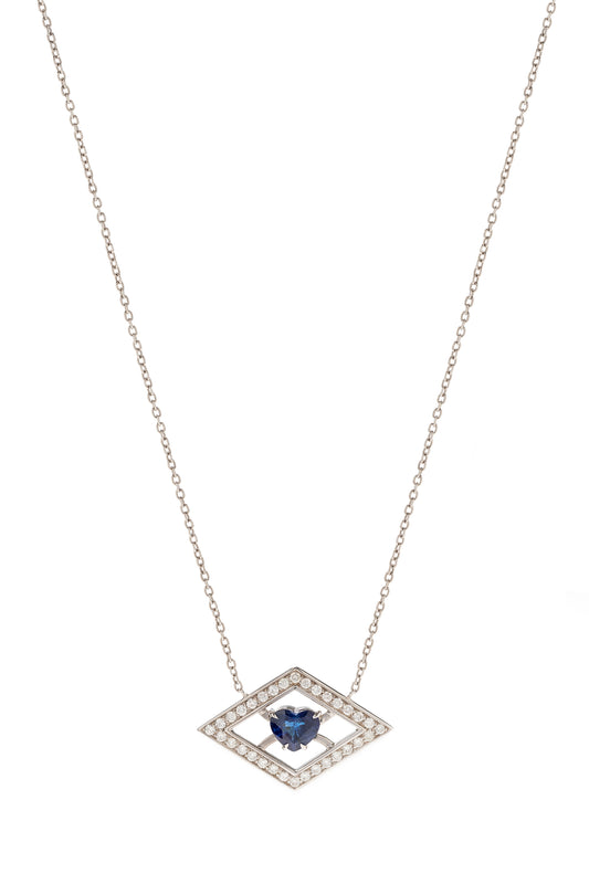 Blue sapphire pendant with white diamonds in 18k white gold