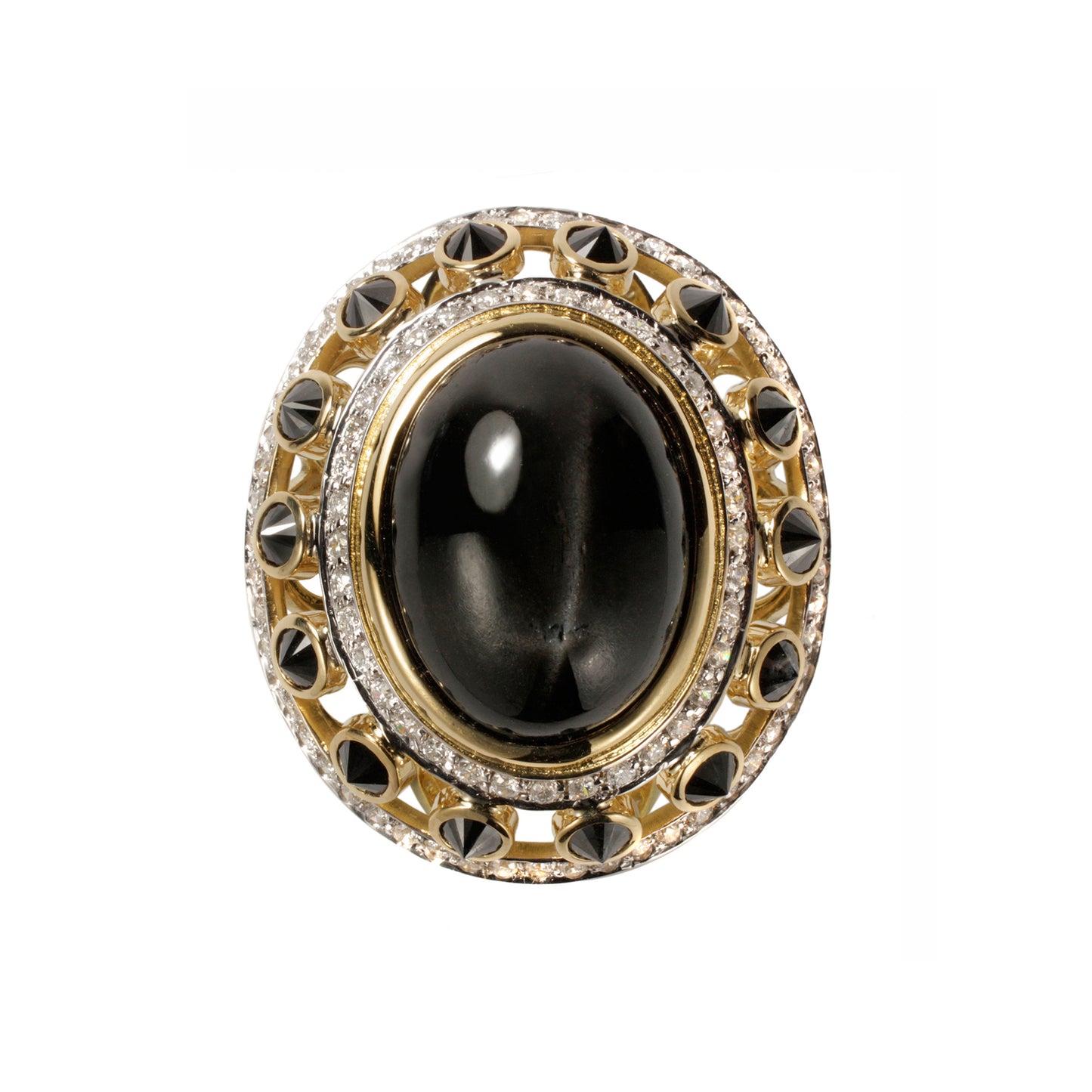 Black star ring with inverted black diamonds and white diamonds in 18k yellow gold