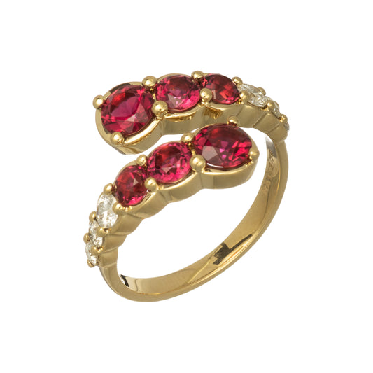 Rubellite ring with white diamonds in 18k yellow gold