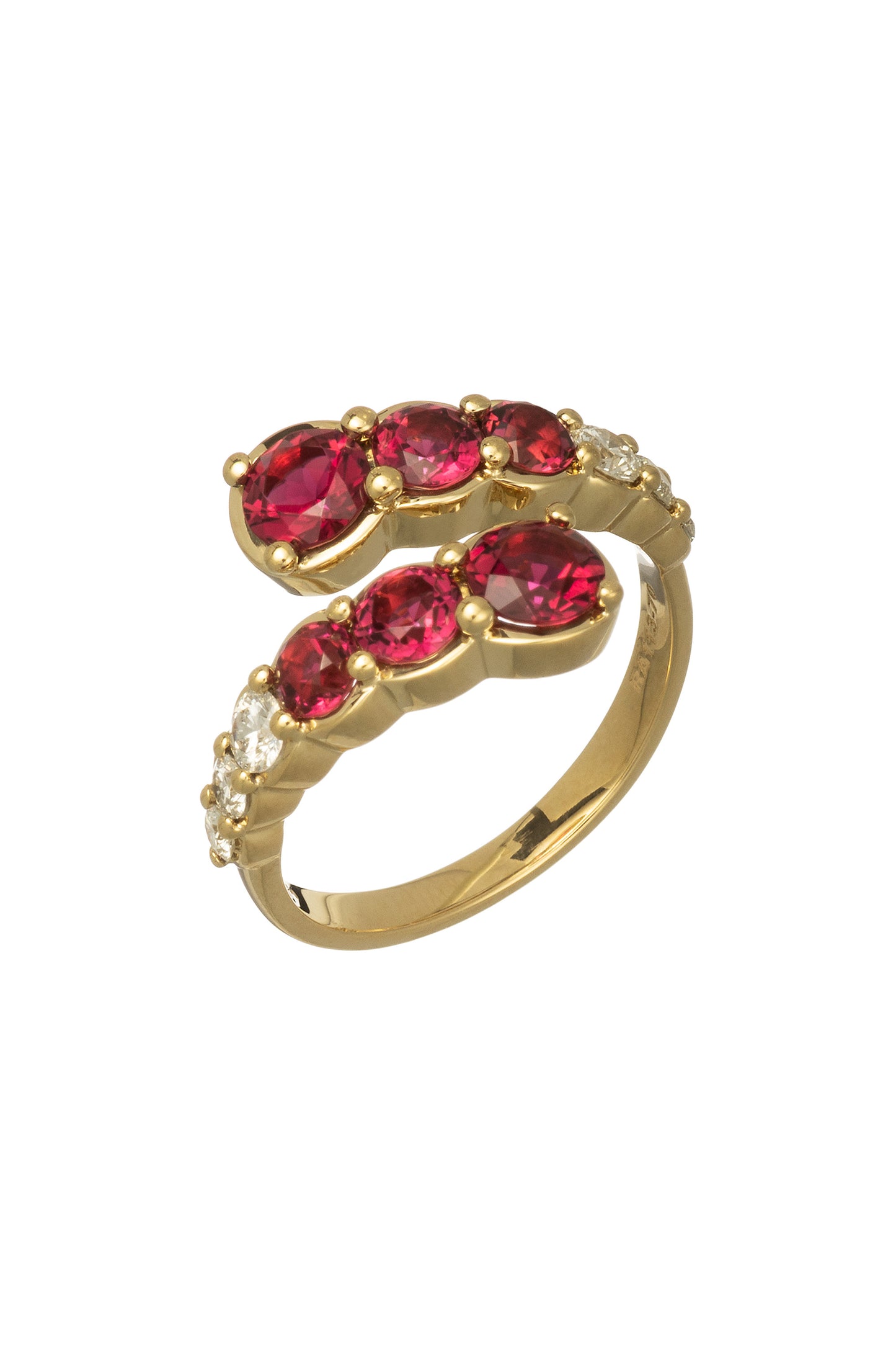 Rubellite ring with white diamonds in 18k yellow gold