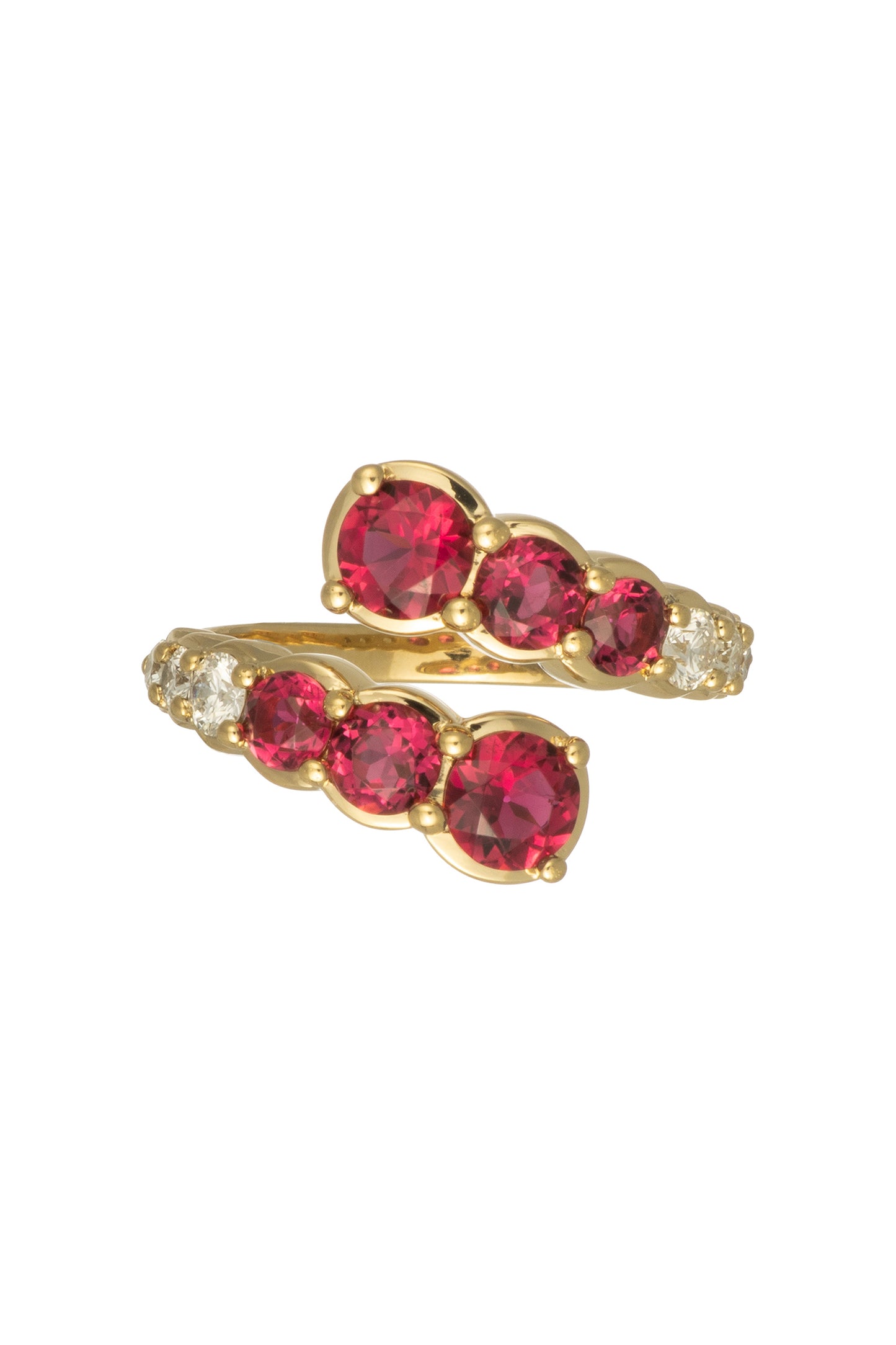 Rubellite ring with white diamonds in 18k yellow gold