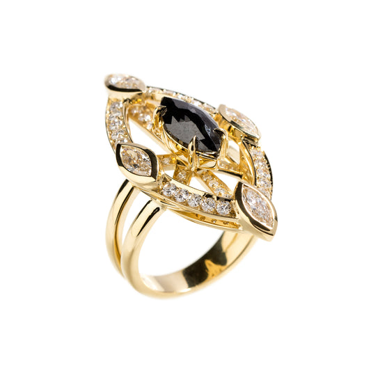 Black diamond ring with white diamonds in 18k yellow gold