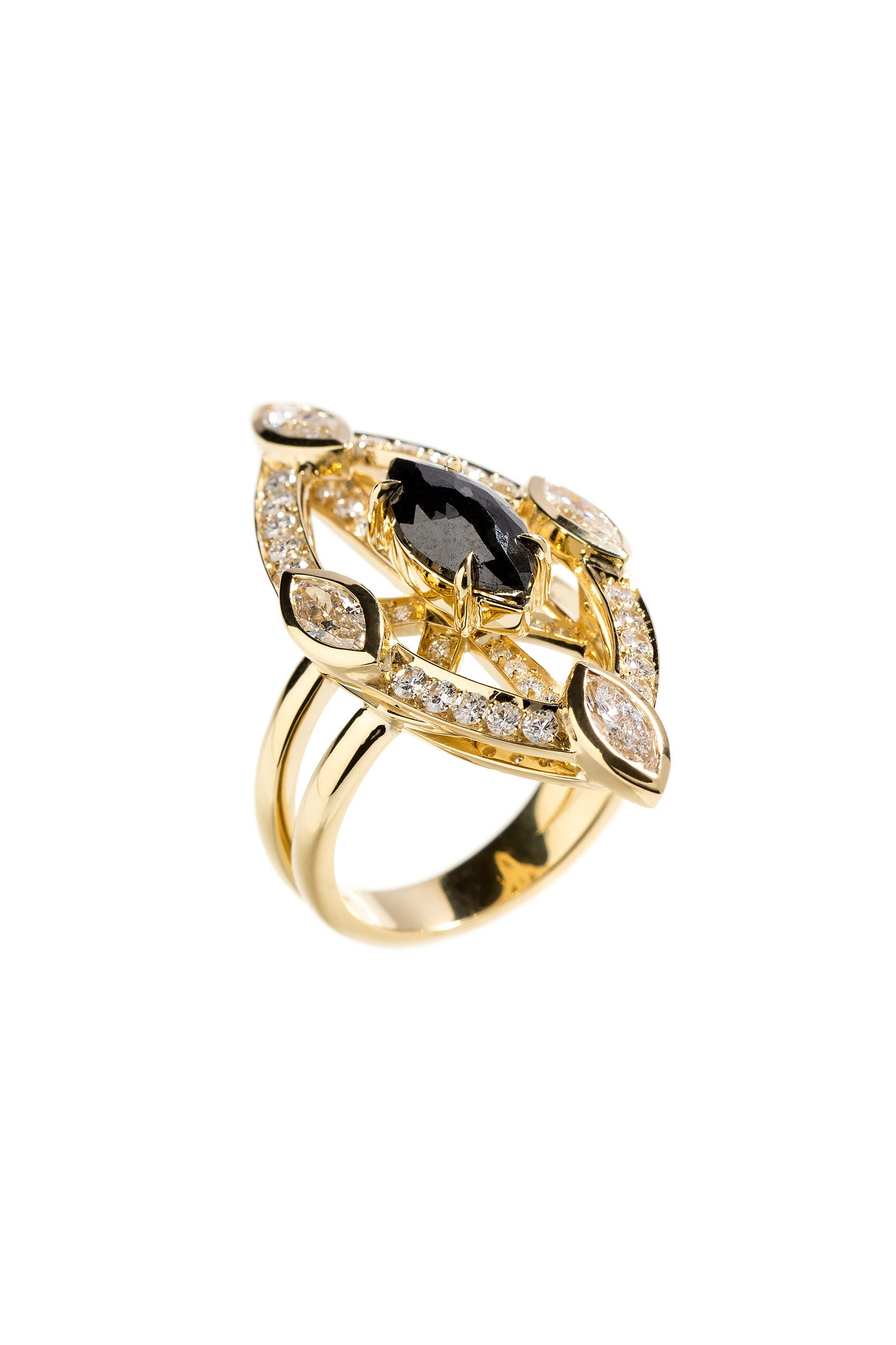 Black diamond ring with white diamonds in 18k yellow gold