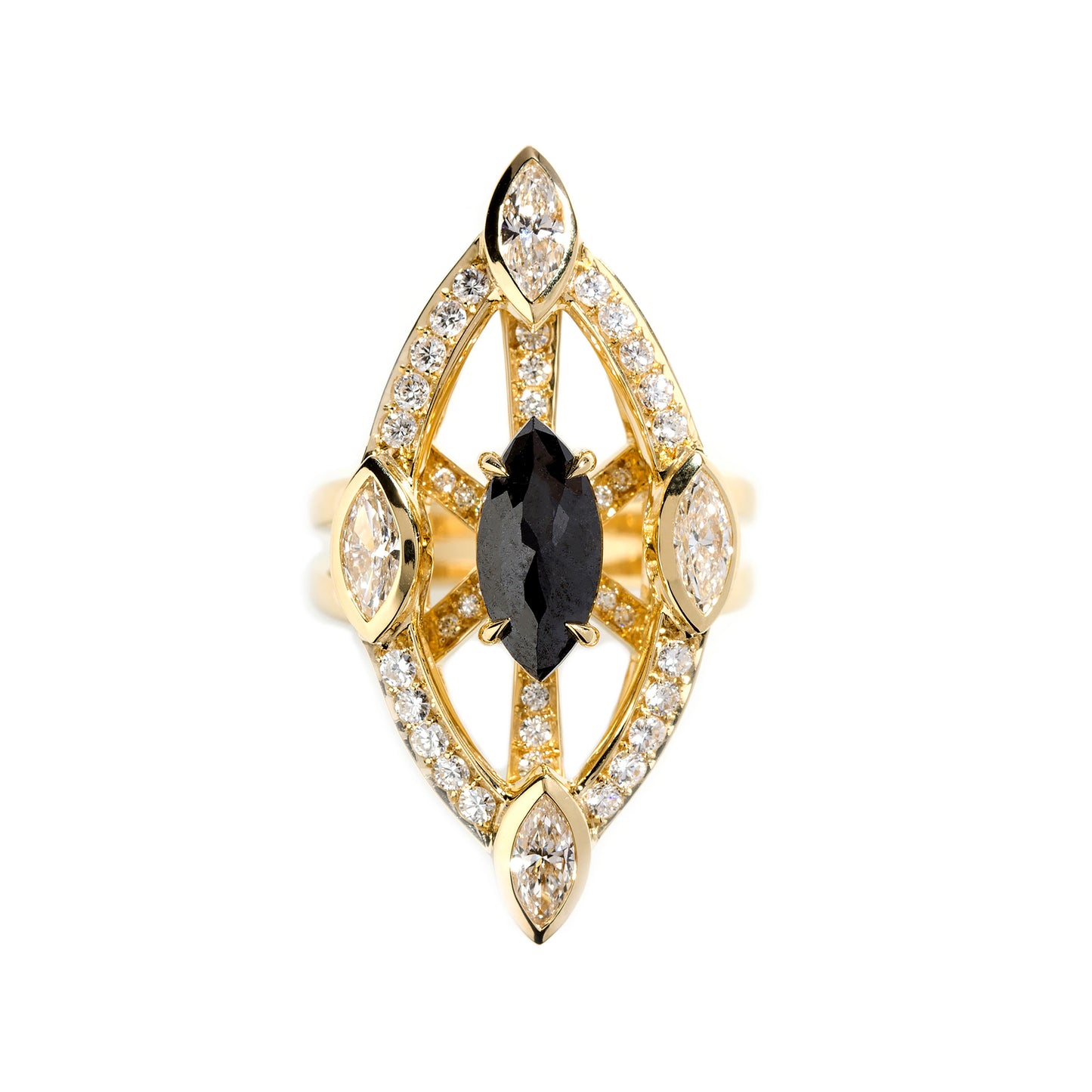 Black diamond ring with white diamonds in 18k yellow gold