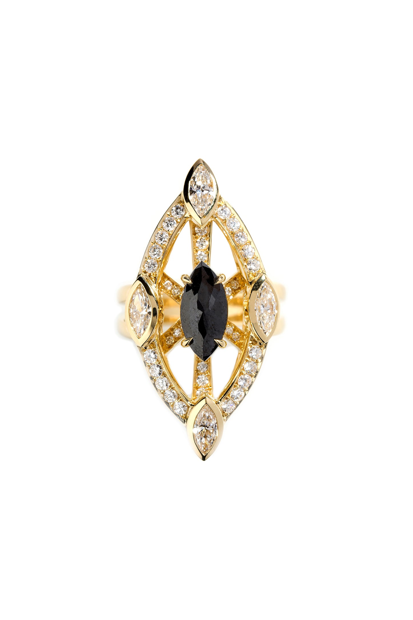 Black diamond ring with white diamonds in 18k yellow gold