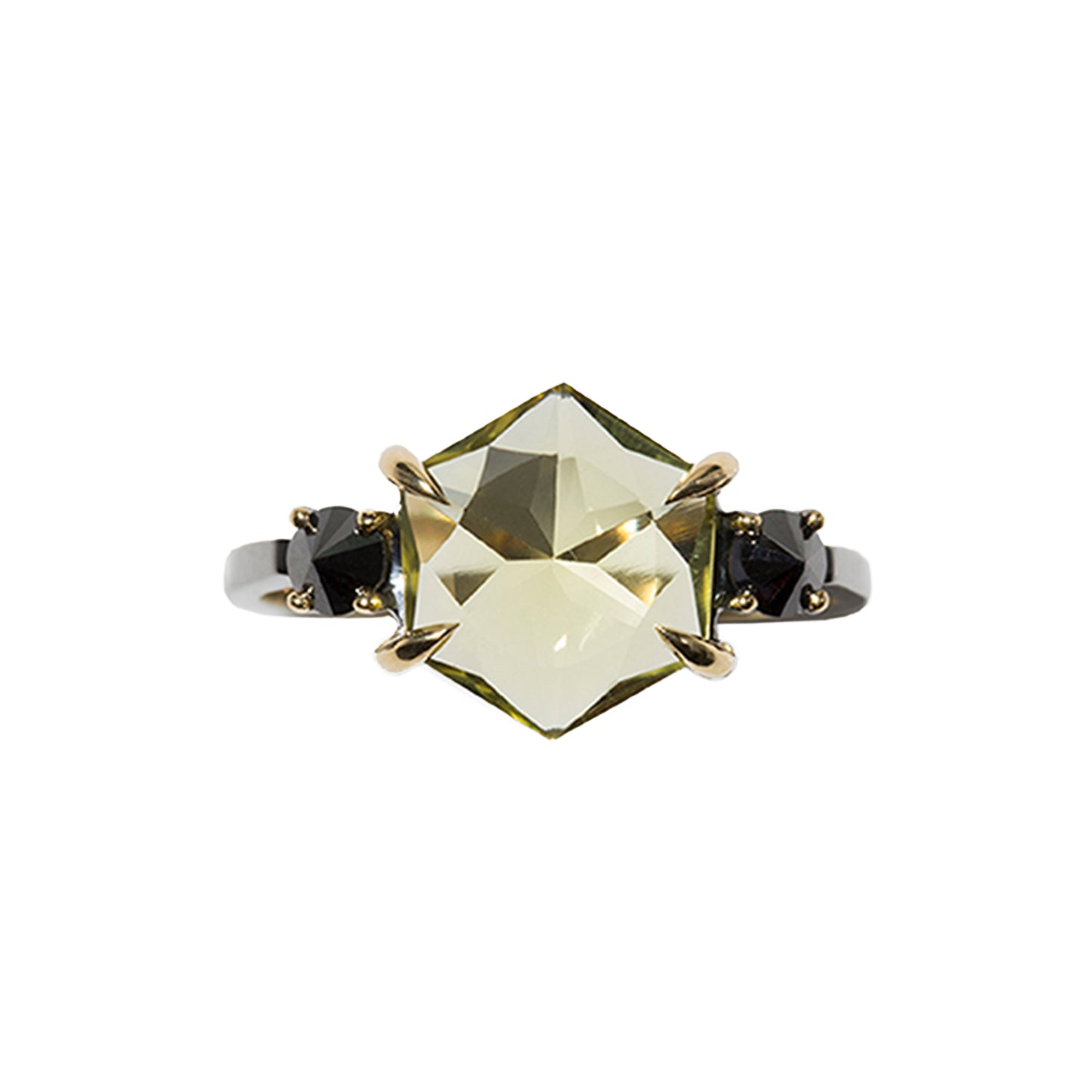 Green gold ring with inverted black diamonds in 18k yellow gold