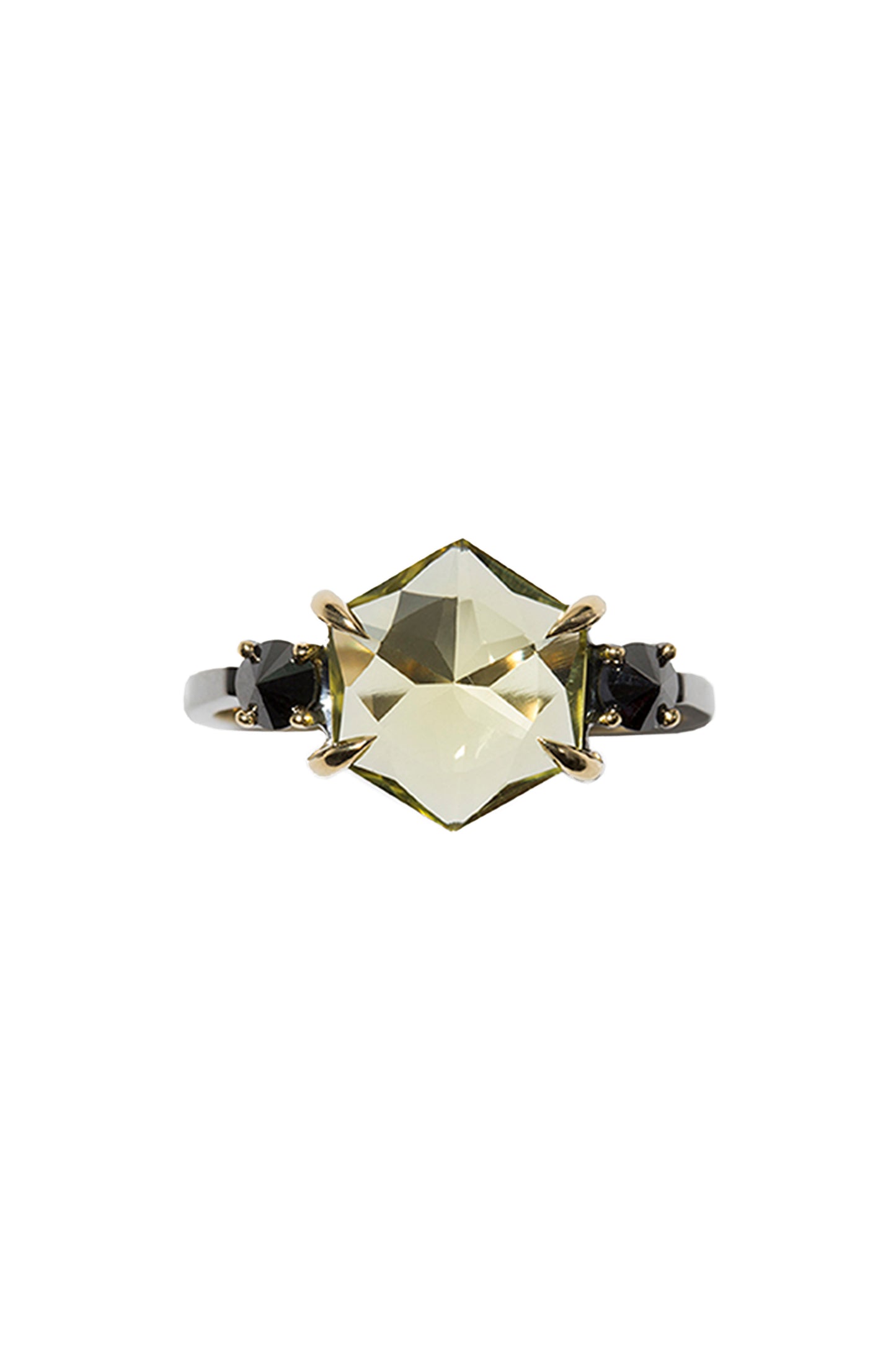 Green gold ring with inverted black diamonds in 18k yellow gold