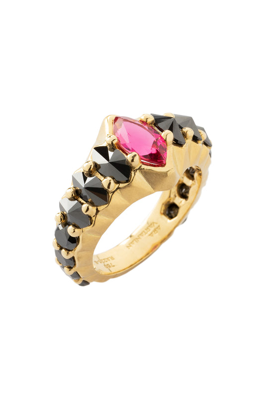 Rubellite ring with black diamonds in 18k yellow gold