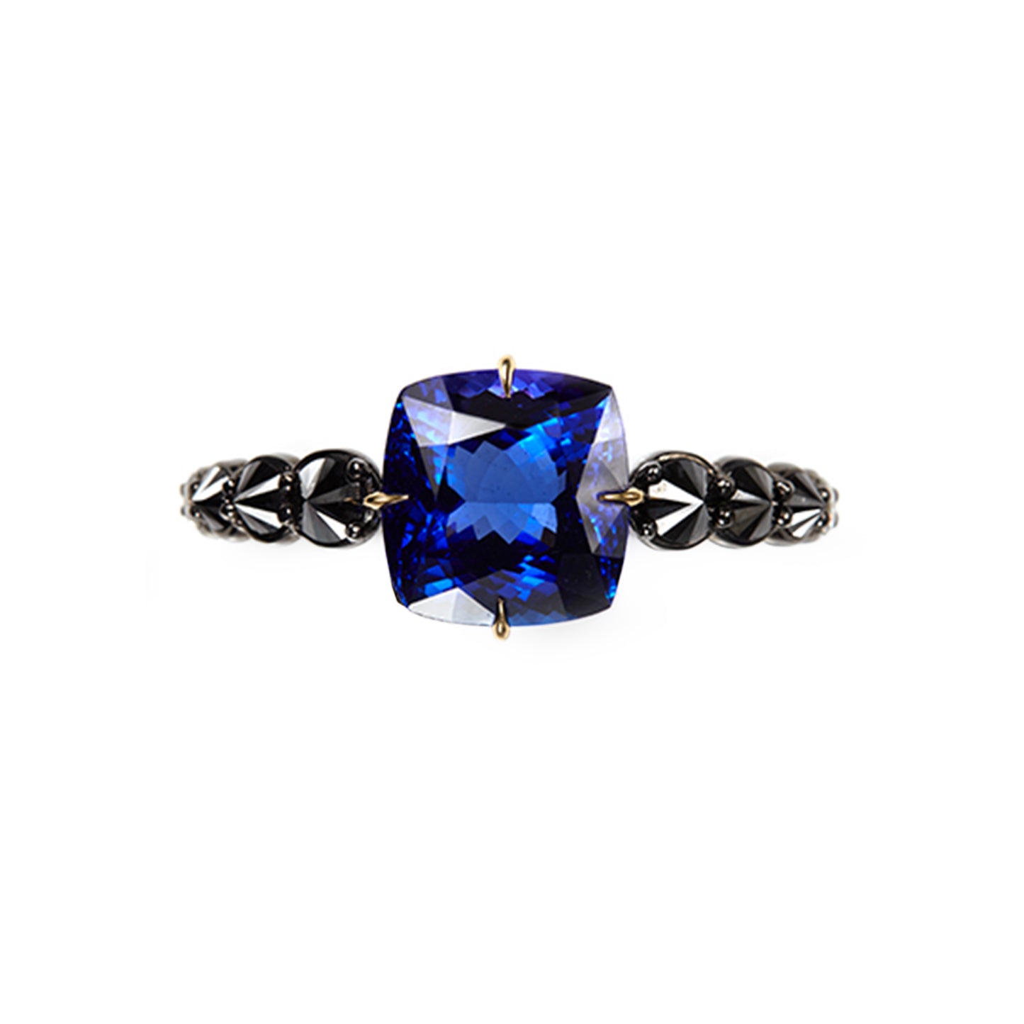 Tanzanite two-finger ring with inverted black diamonds and white diamonds in 18k yellow gold