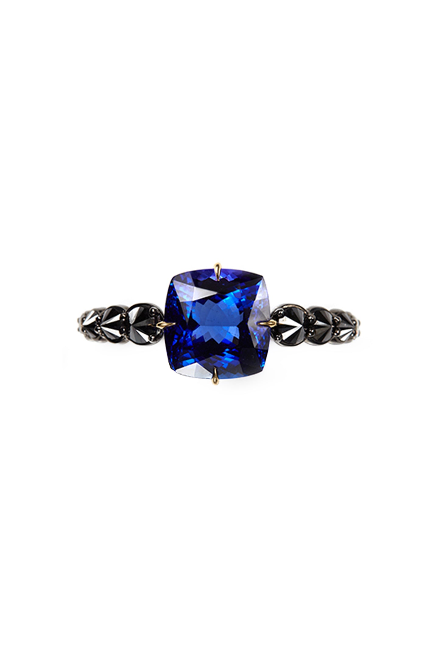 Tanzanite two-finger ring with inverted black diamonds and white diamonds in 18k yellow gold