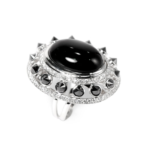 Onyx ring with inverted black diamonds and white diamonds in 18k white gold