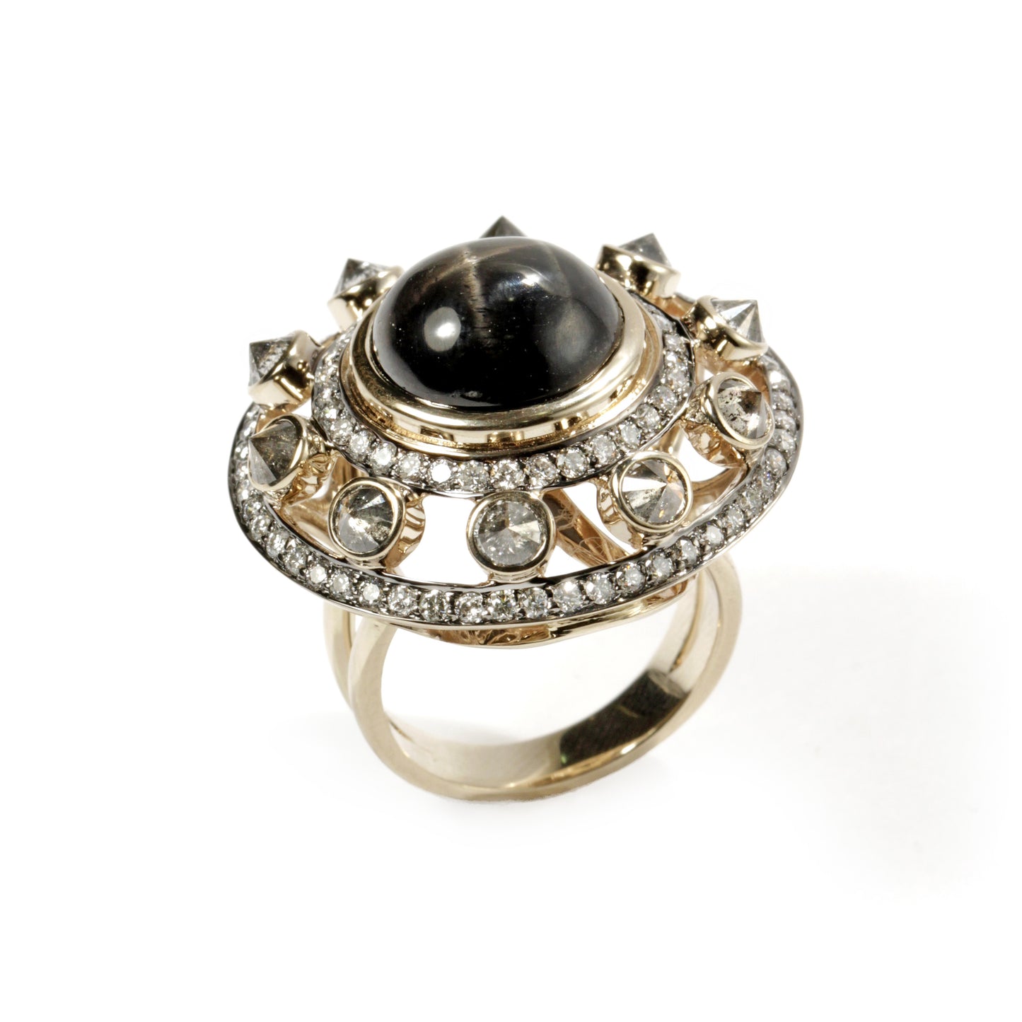 Black star ring with grey and white diamonds in 18k white gold