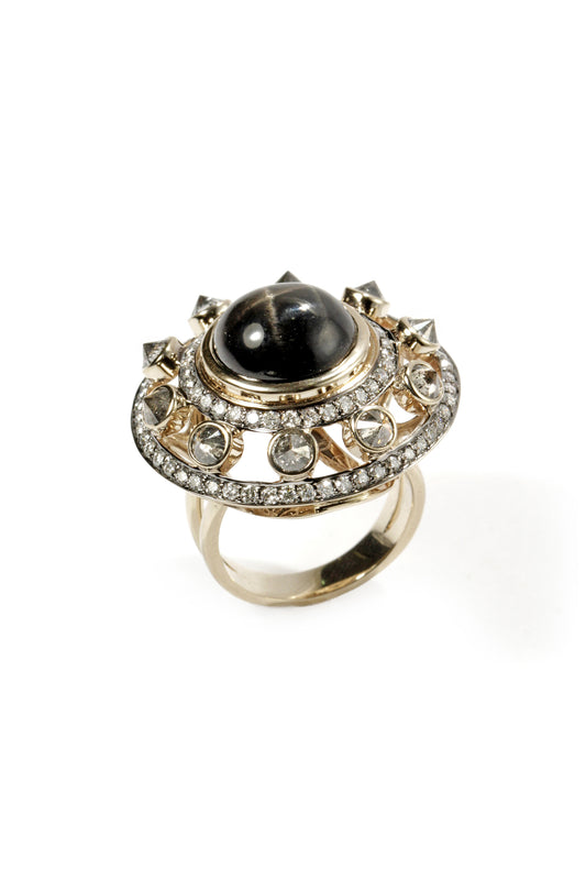 Black star ring with grey and white diamonds in 18k white gold