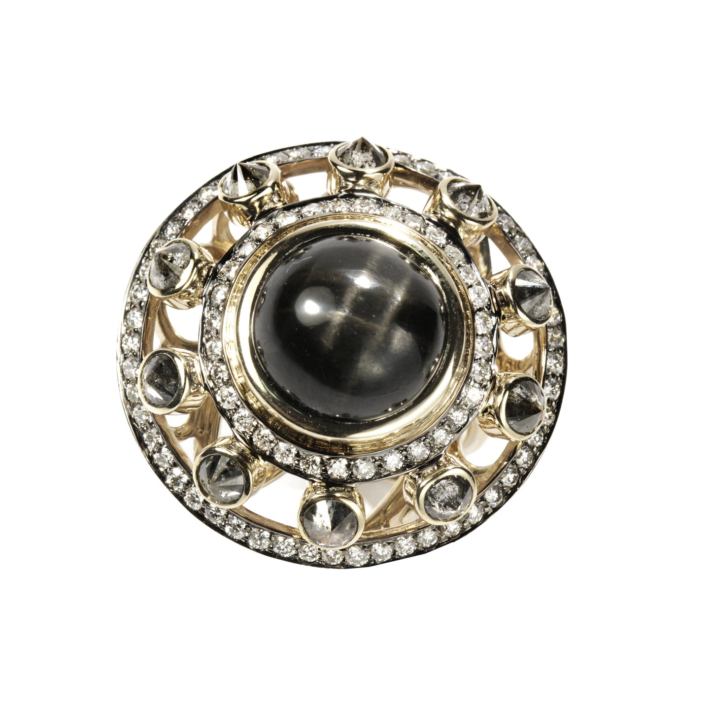 Black star ring with grey and white diamonds in 18k white gold