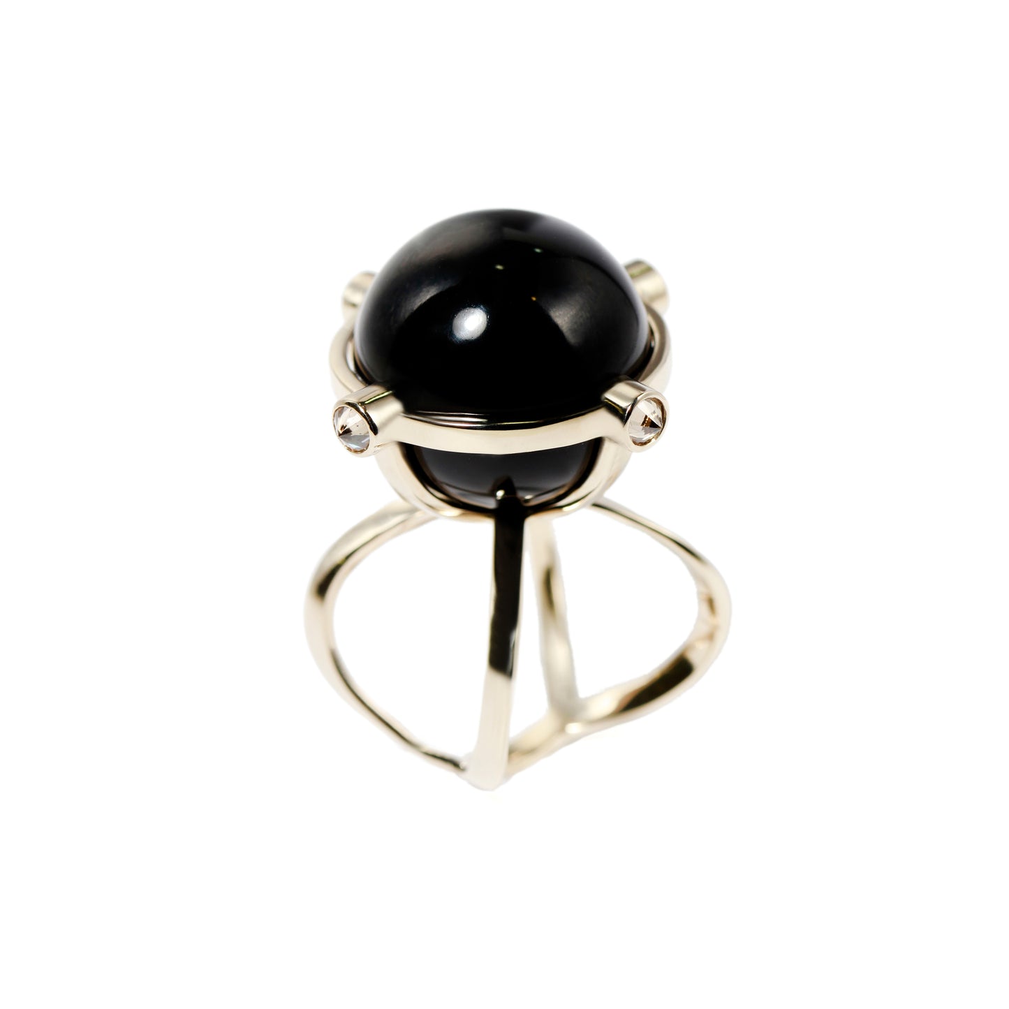 Black quartz ring with brown diamonds in 18k white gold