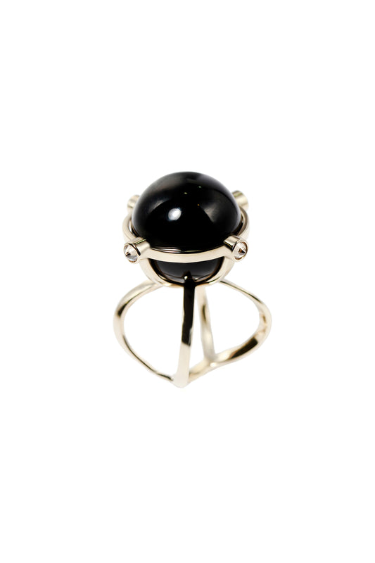 Black quartz ring with brown diamonds in 18k white gold