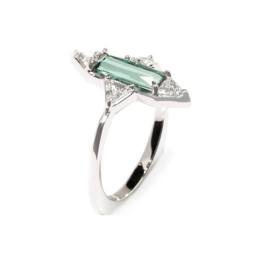 Green tourmaline ring with white diamonds in 18k white gold