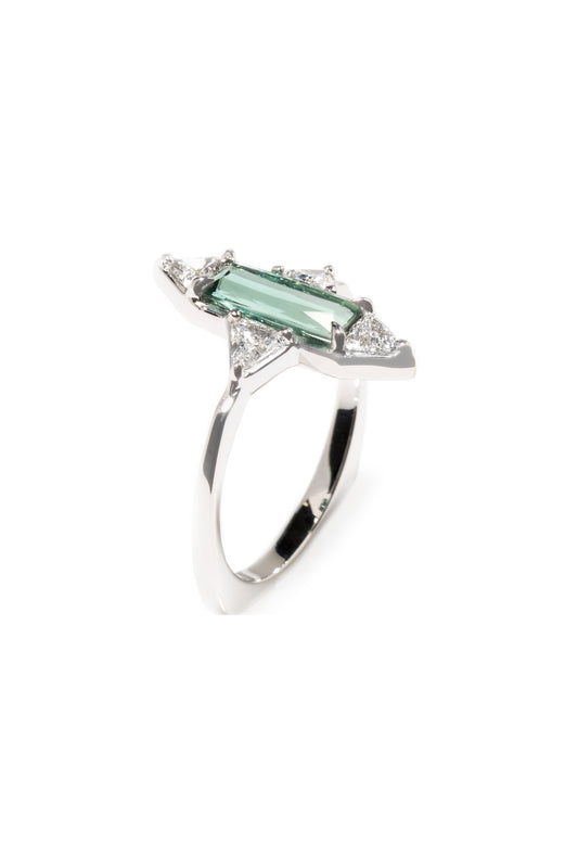 Green tourmaline ring with white diamonds in 18k white gold