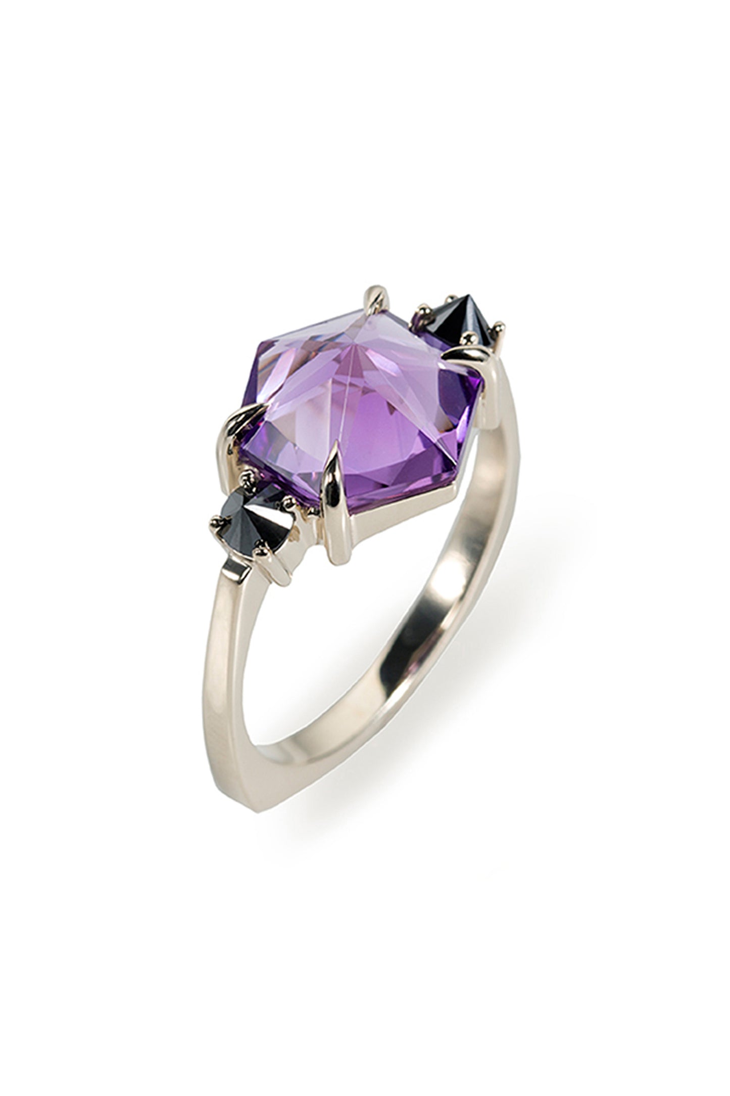 Amethyst ring with inverted black diamonds