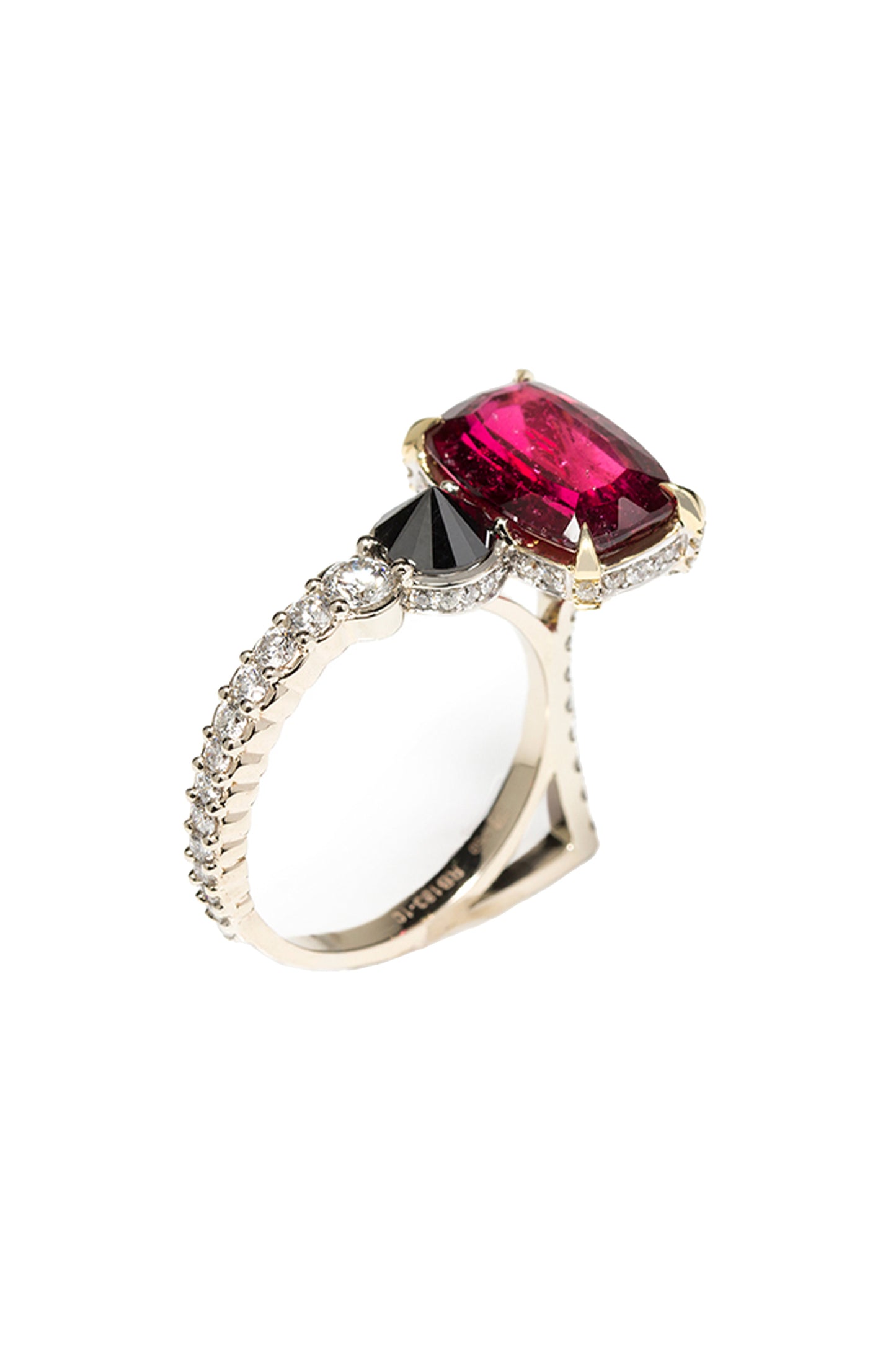 Rubellite Cat ring with inverted black diamond and white diamonds in 18k white gold