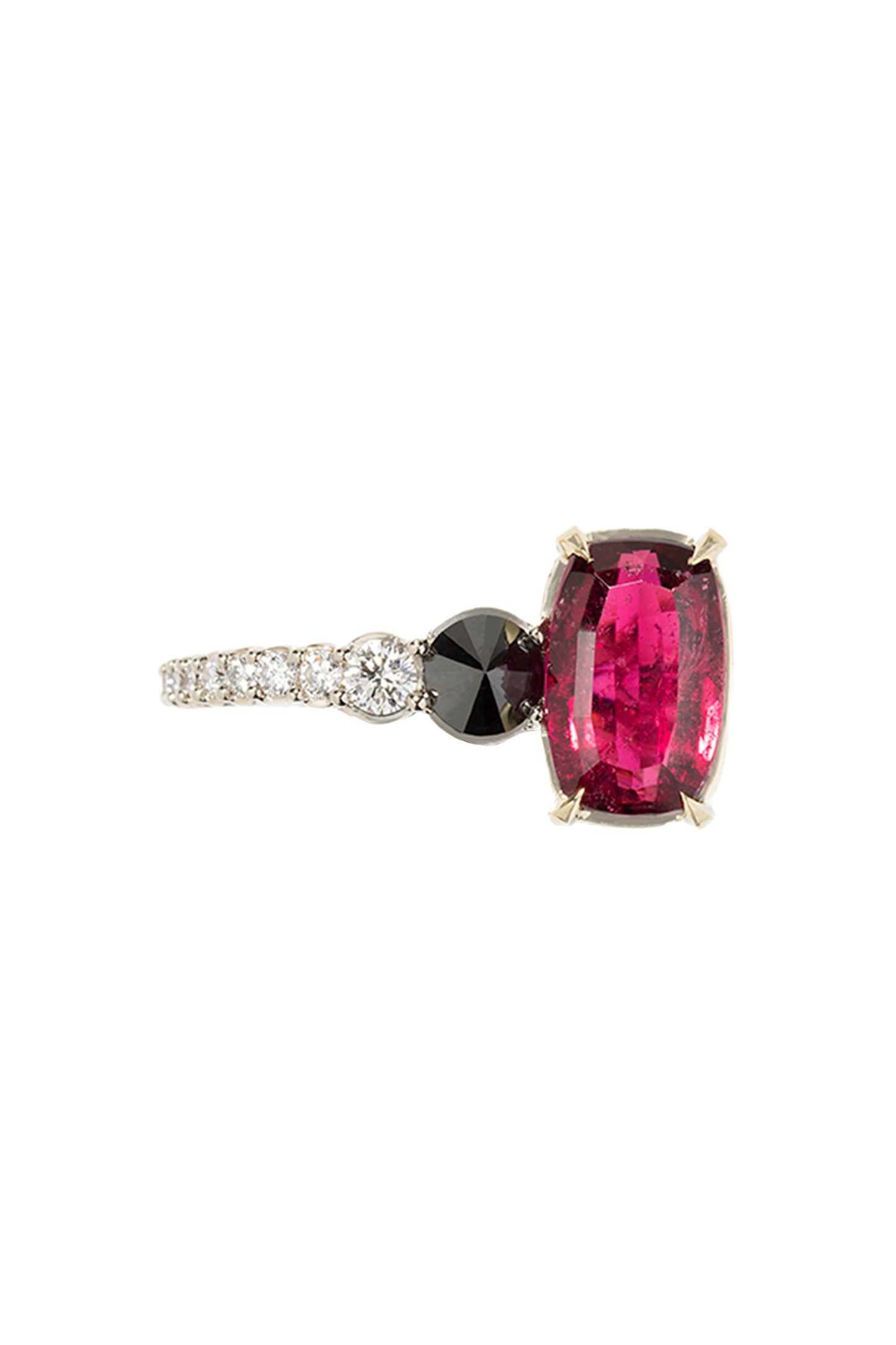 Rubellite Cat ring with inverted black diamond and white diamonds in 18k white gold