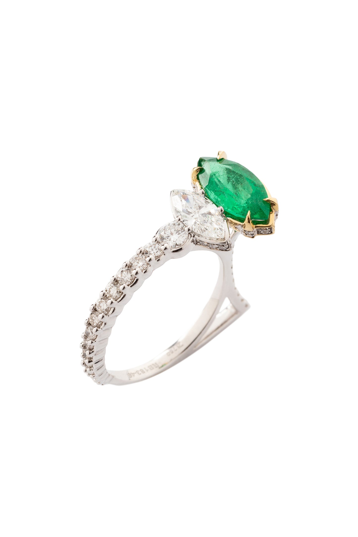 Emerald Cat ring with white diamonds in 18k white and yellow gold