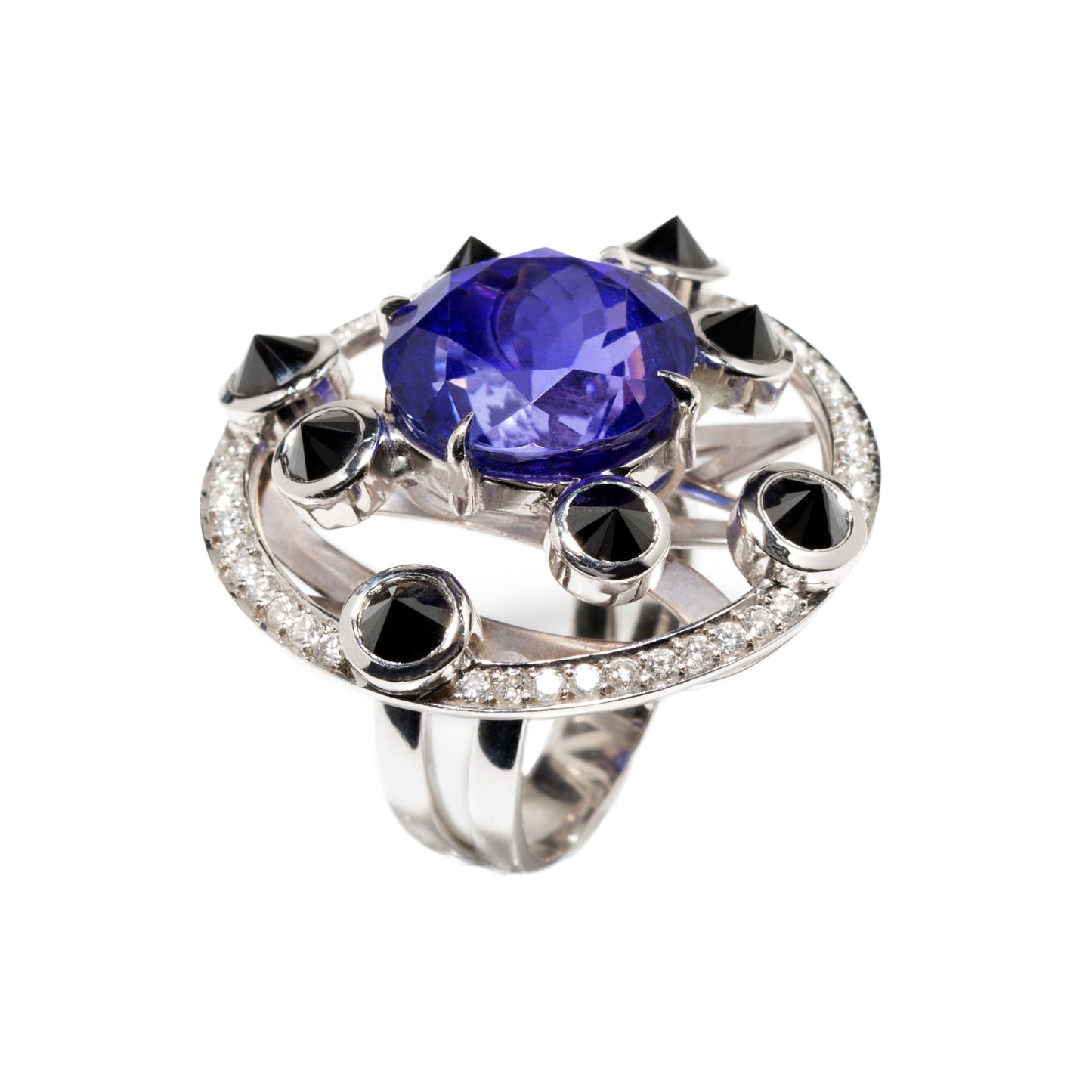 Tanzanite ring with inverted black diamonds and white diamonds in 18k white gold