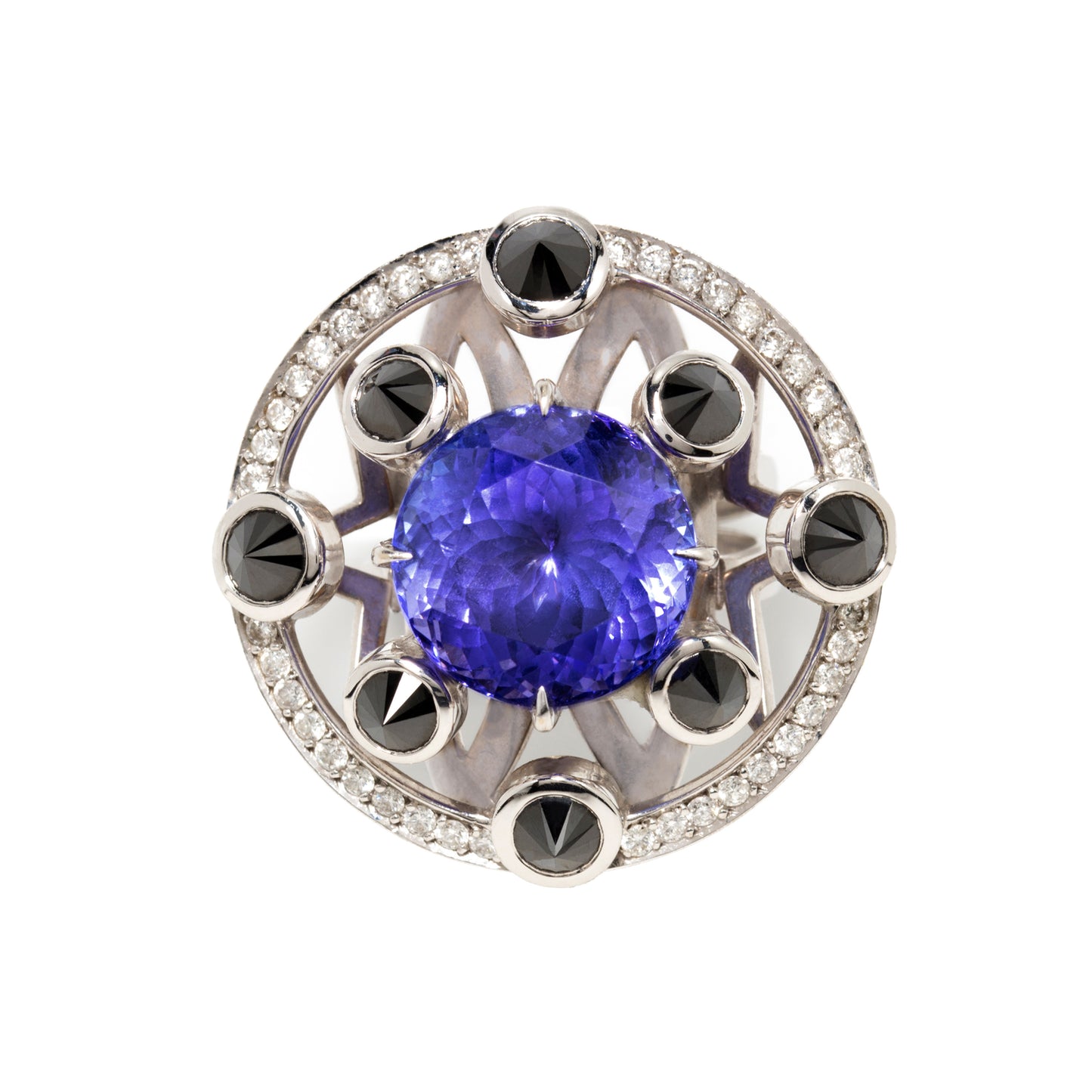 Tanzanite ring with inverted black diamonds and white diamonds in 18k white gold