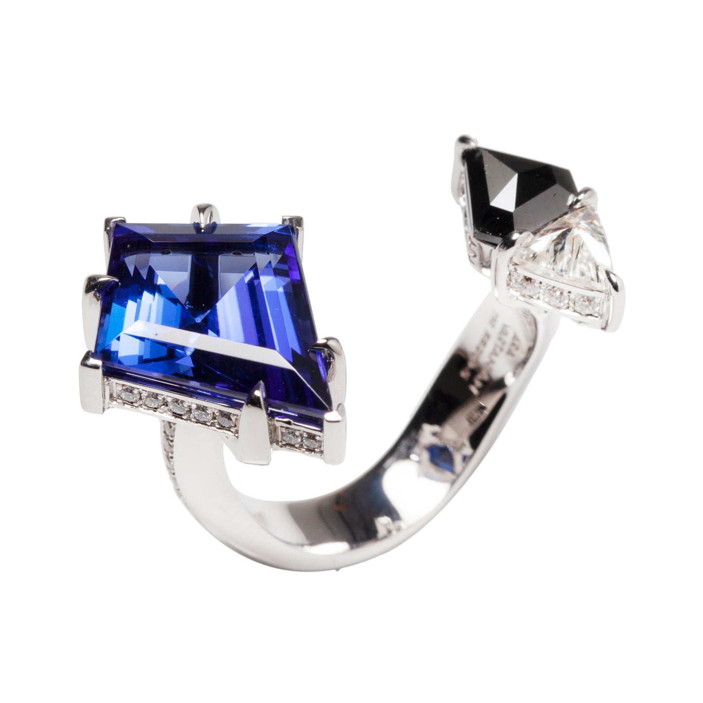 Tanzanite Open ring with black diamond and white diamonds in 18k white gold