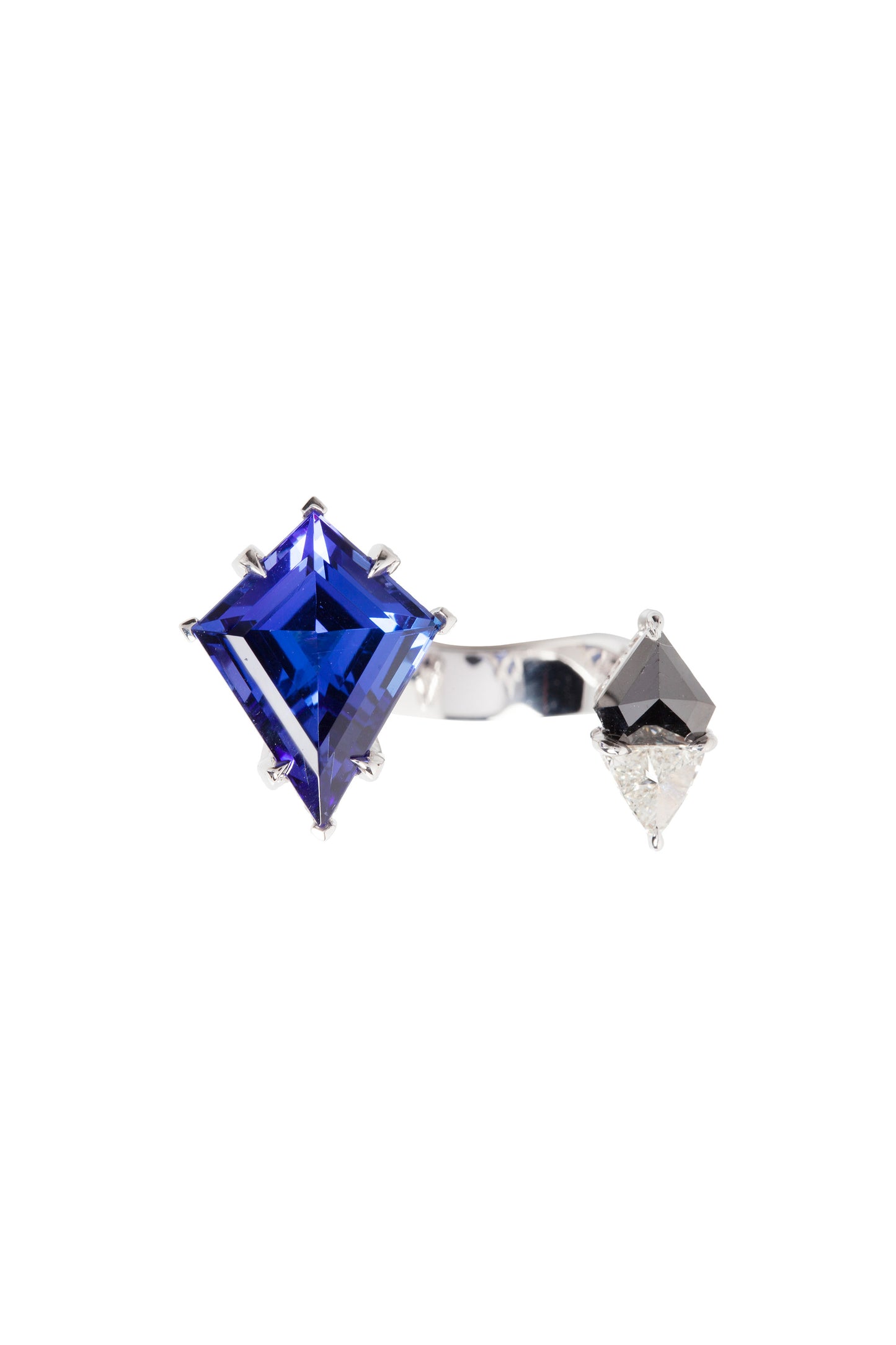 Tanzanite Open ring with black diamond and white diamonds in 18k white gold