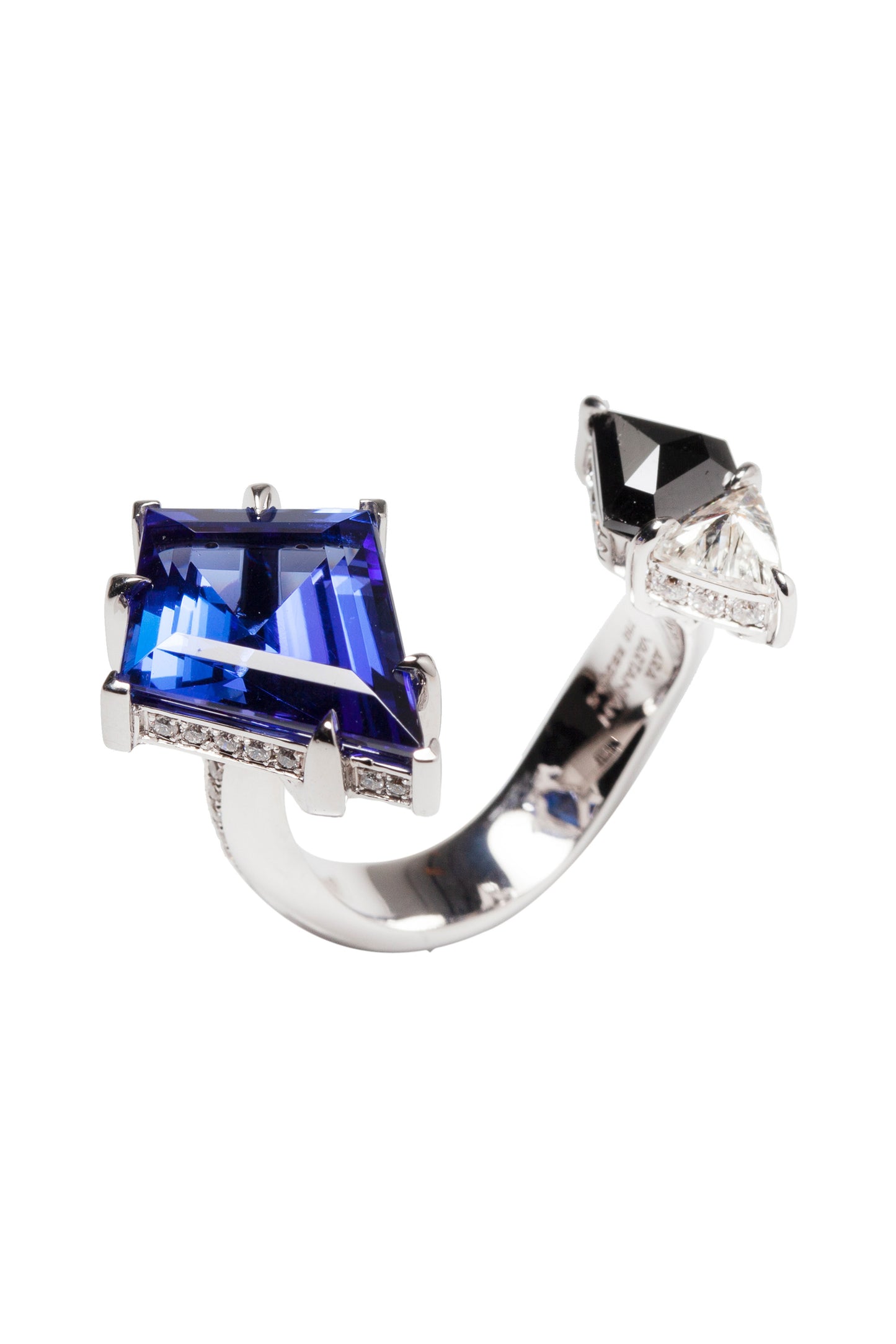 Tanzanite Open ring with black diamond and white diamonds in 18k white gold