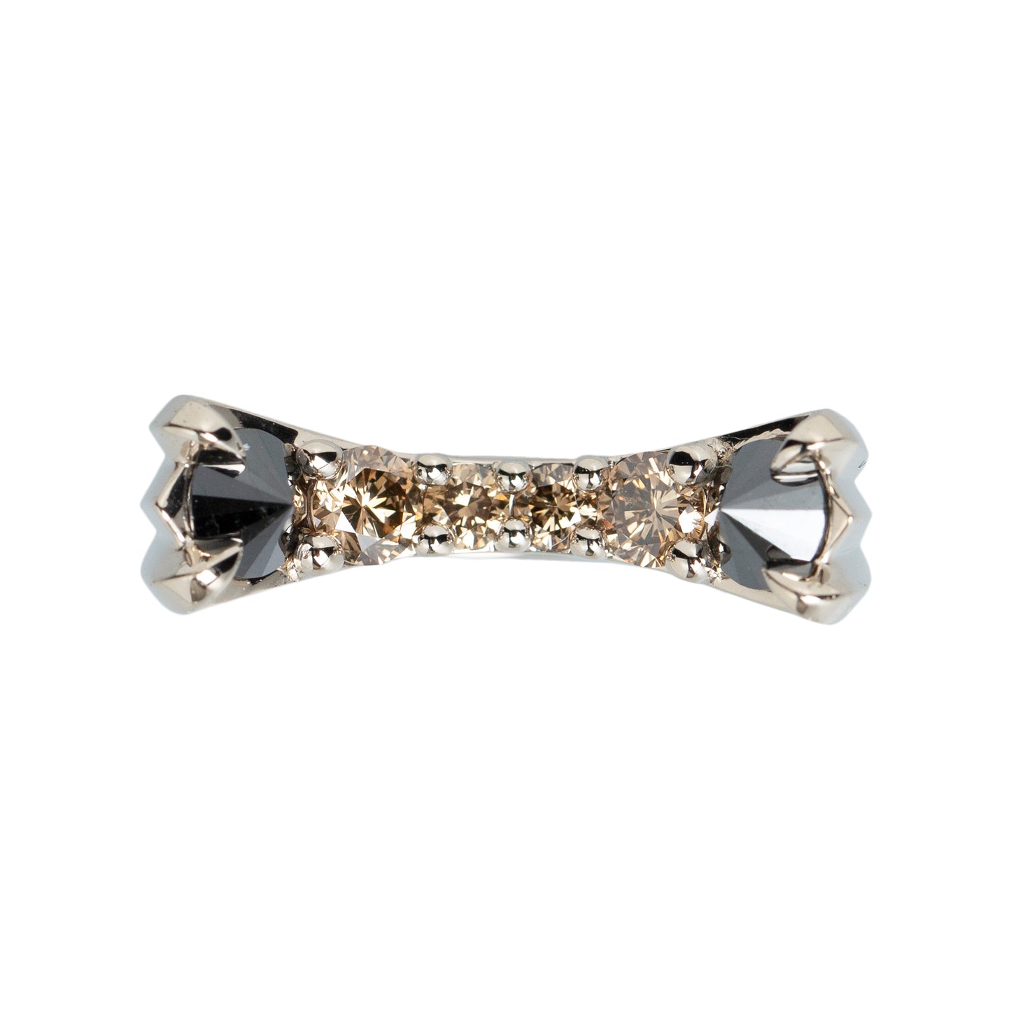 Inverted black diamond cat ring with brown diamonds in 18k white gold