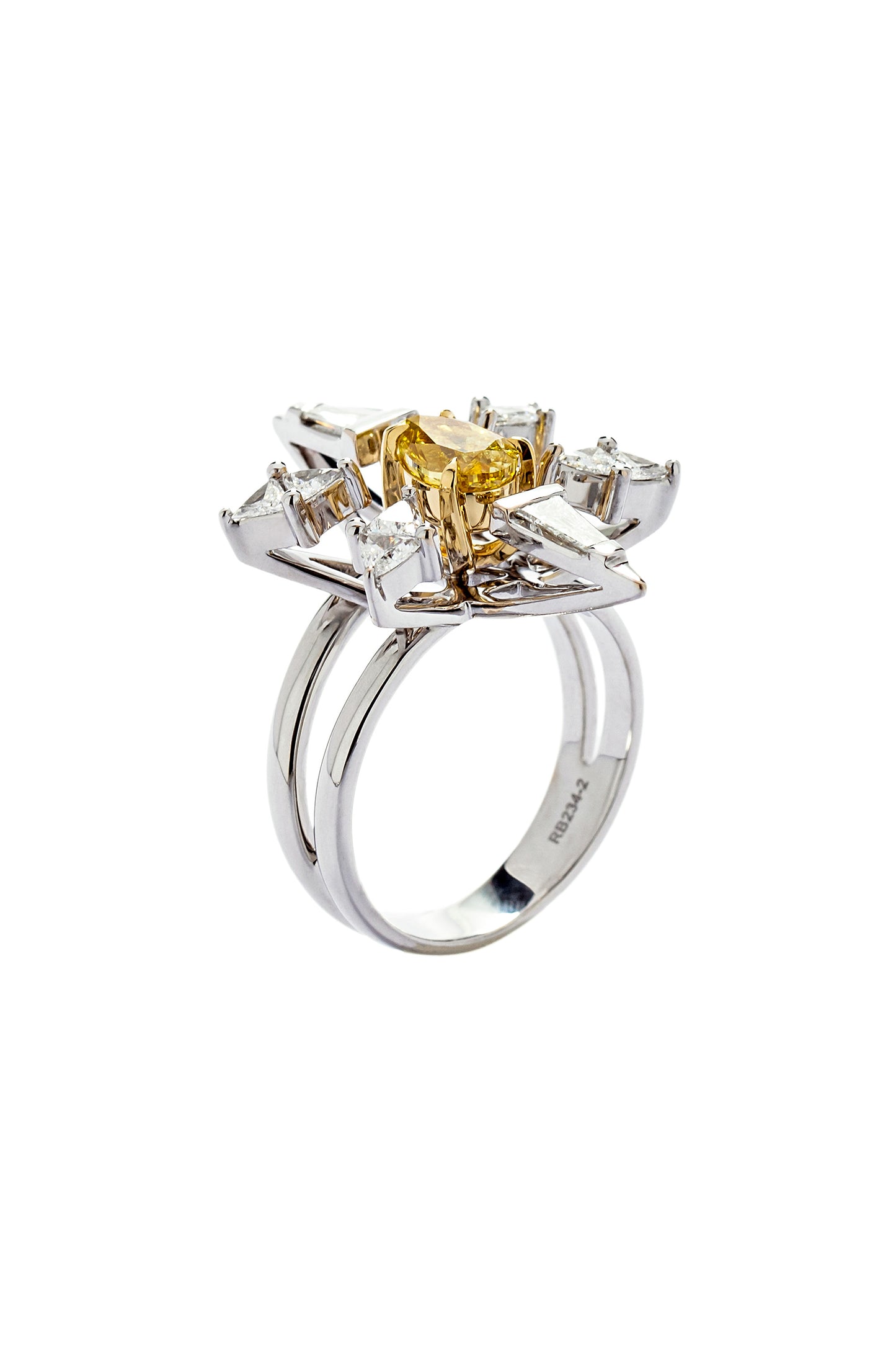 Fancy vivid yellow diamond Pulsar ring with white diamonds in 18k white and yellow gold