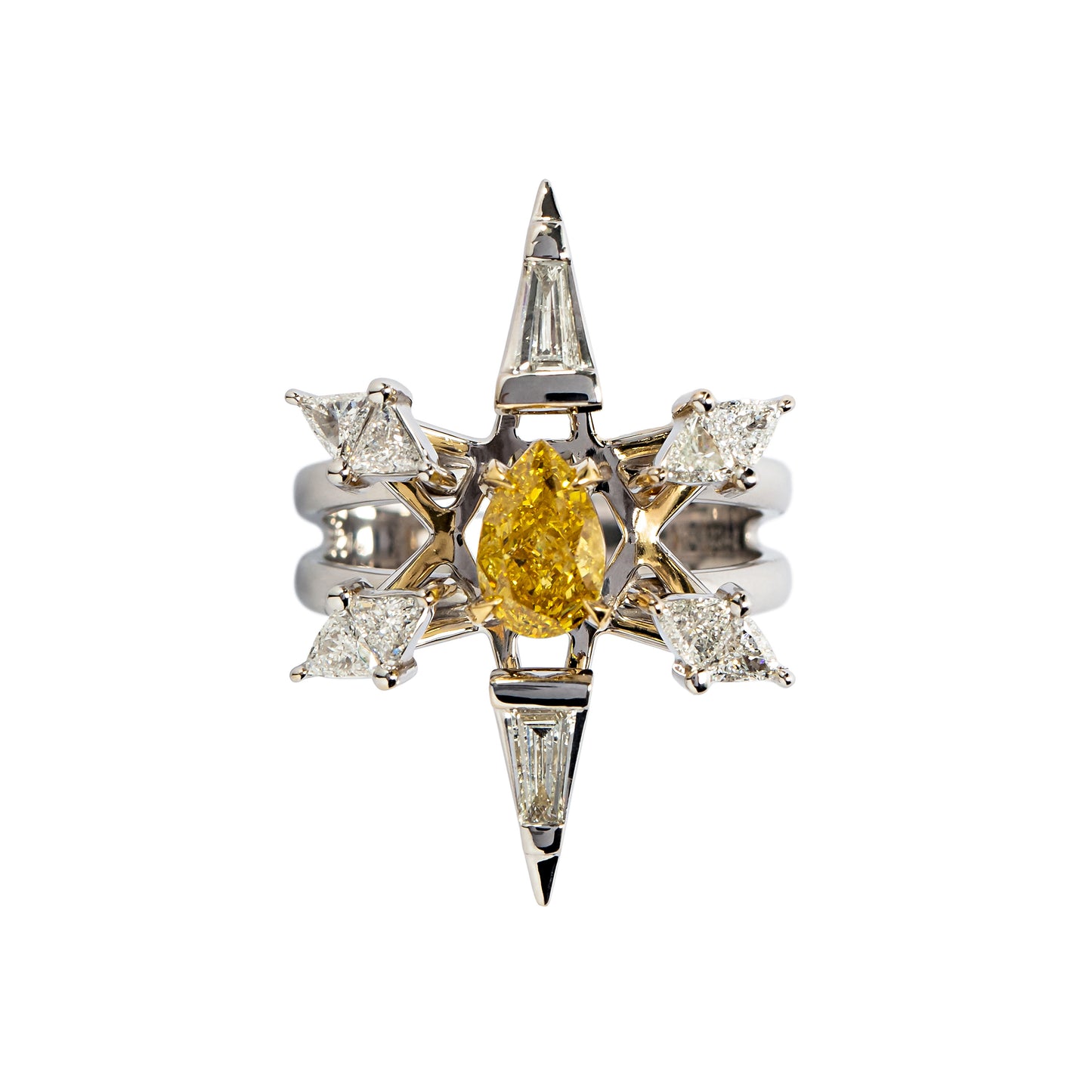 Fancy vivid yellow diamond Pulsar ring with white diamonds in 18k white and yellow gold