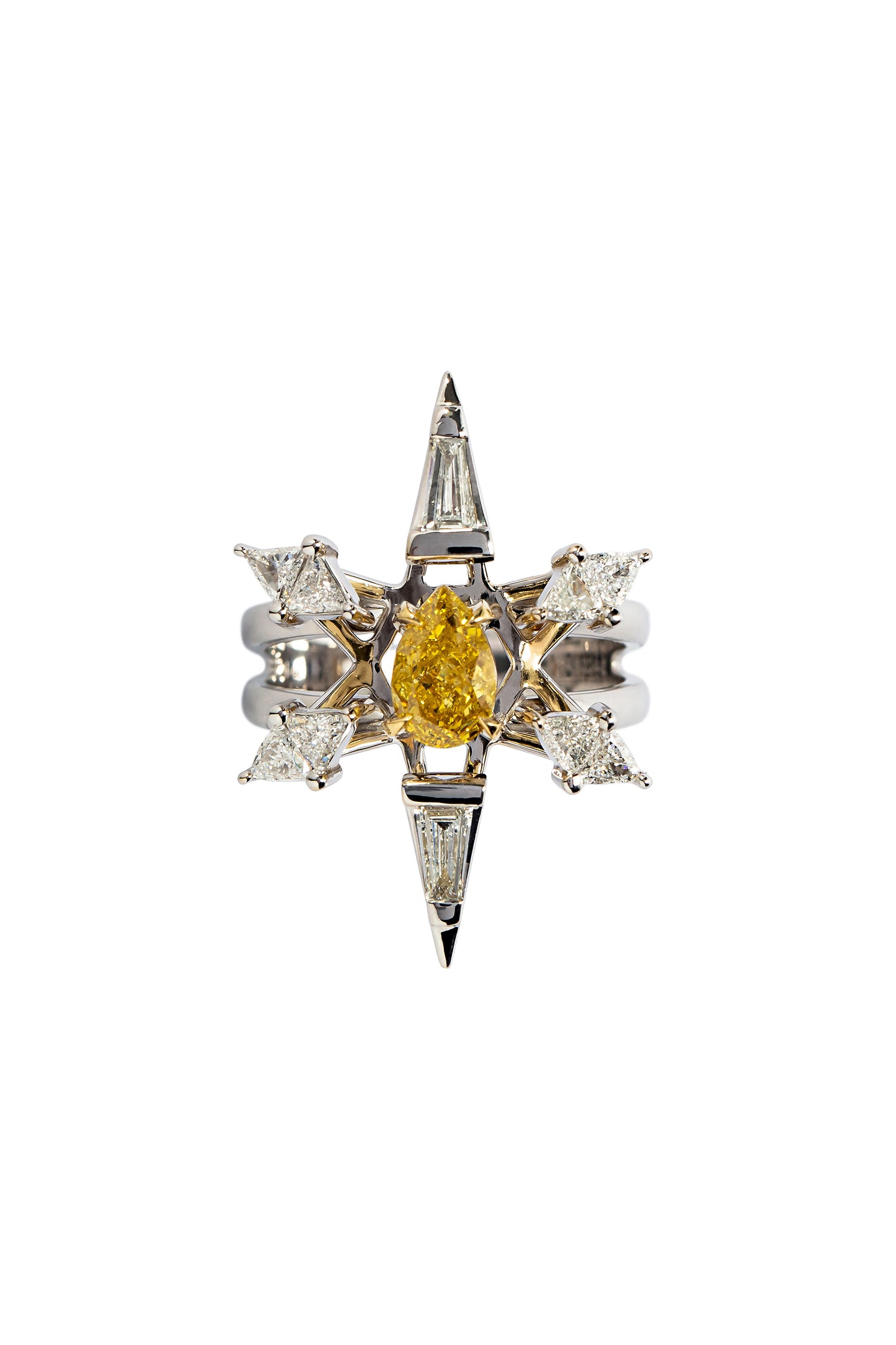 Fancy vivid yellow diamond Pulsar ring with white diamonds in 18k white and yellow gold