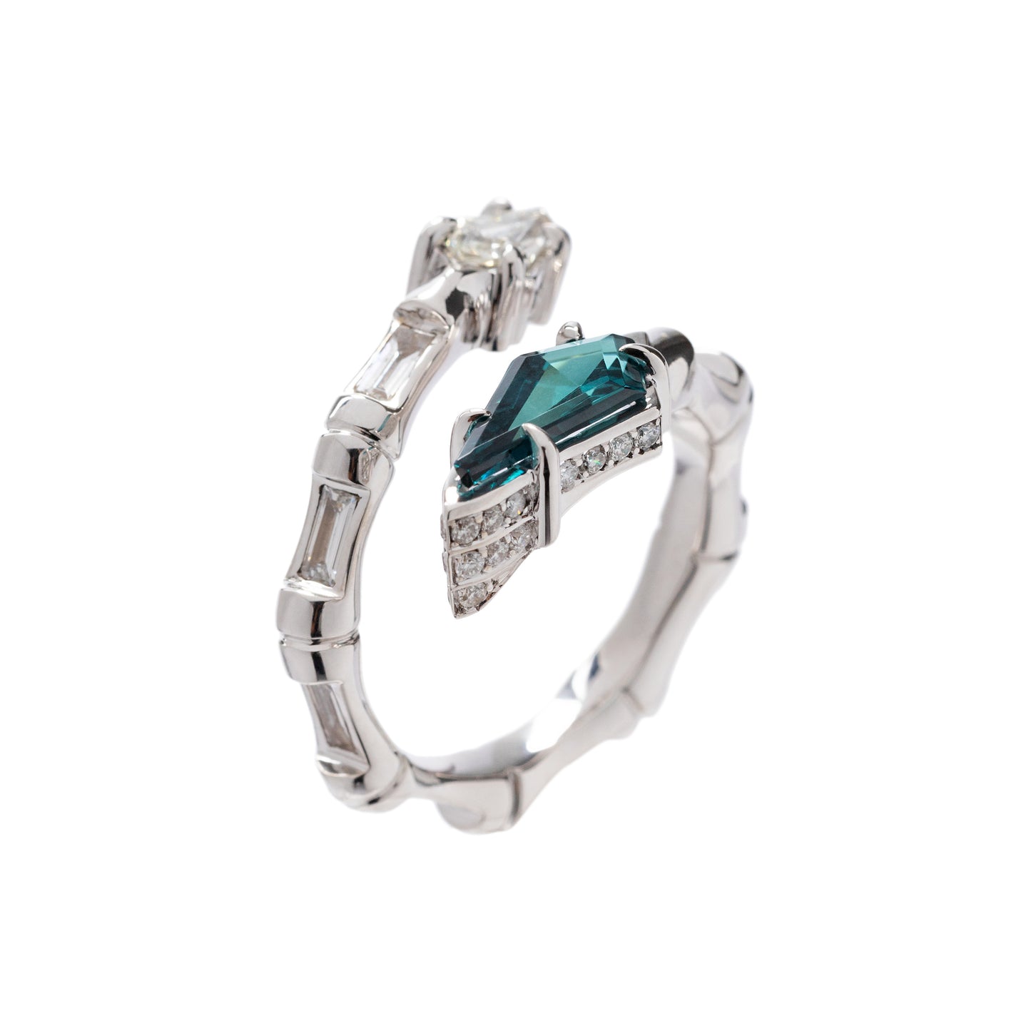 Indicolite tourmaline Bamboo ring with white diamonds in 18k white gold