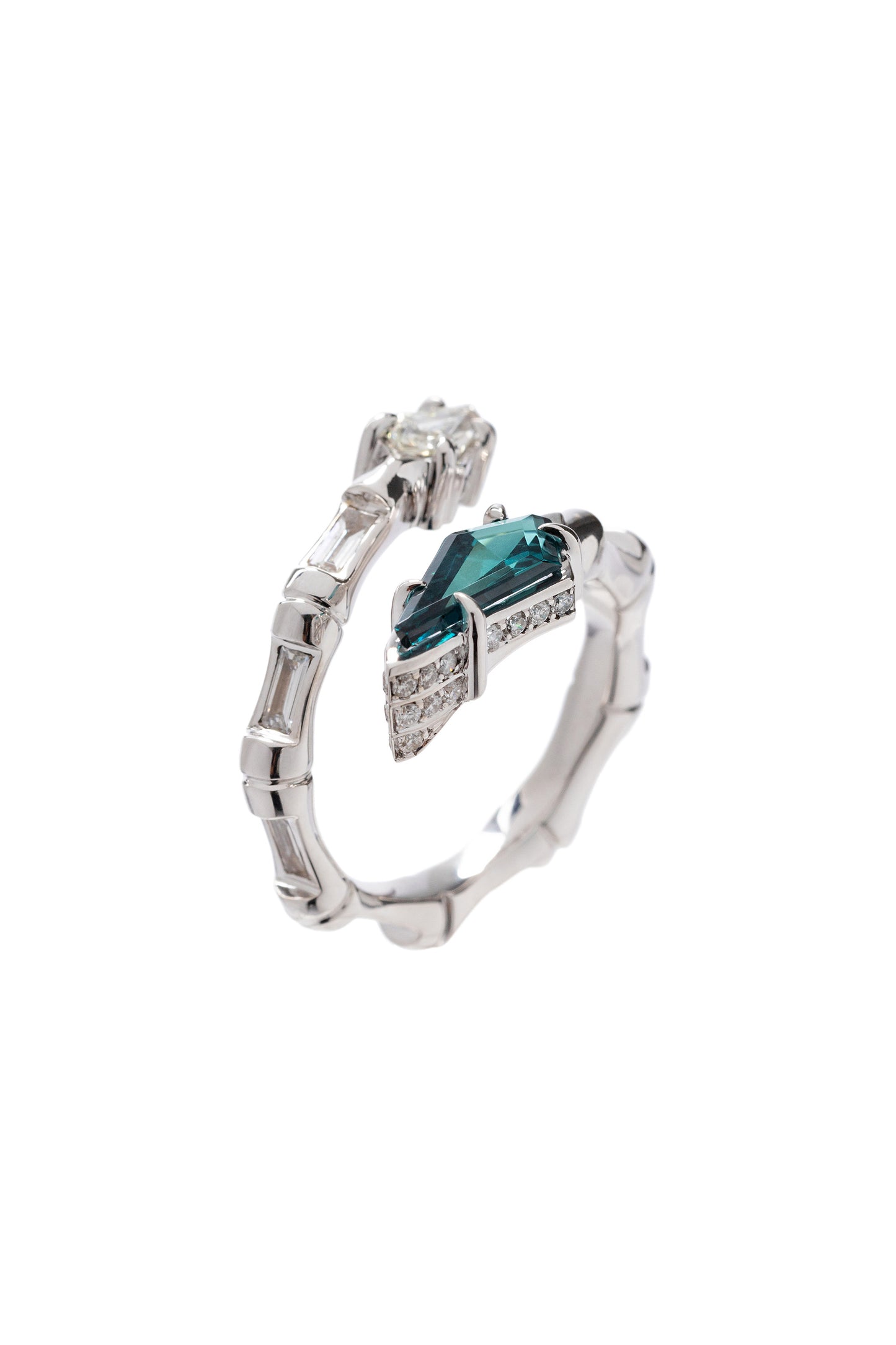 Indicolite tourmaline Bamboo ring with white diamonds in 18k white gold