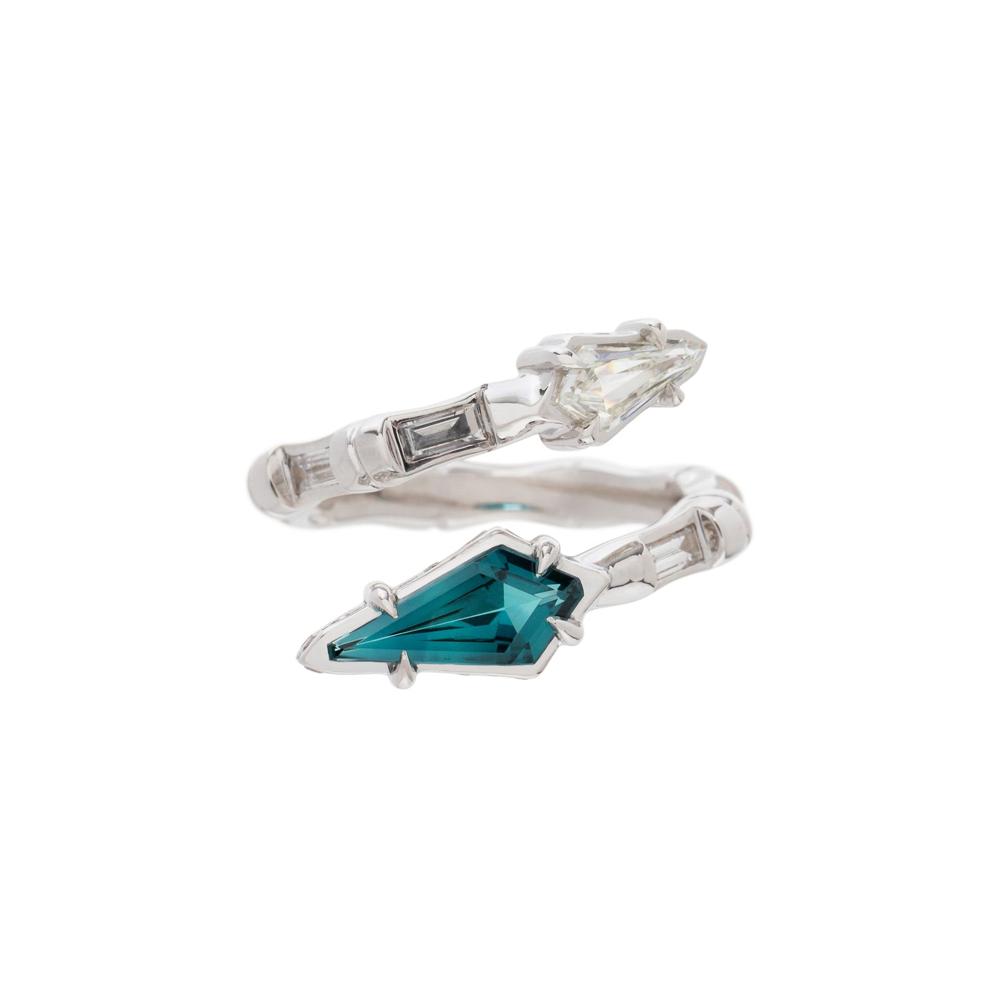 Indicolite tourmaline Bamboo ring with white diamonds in 18k white gold