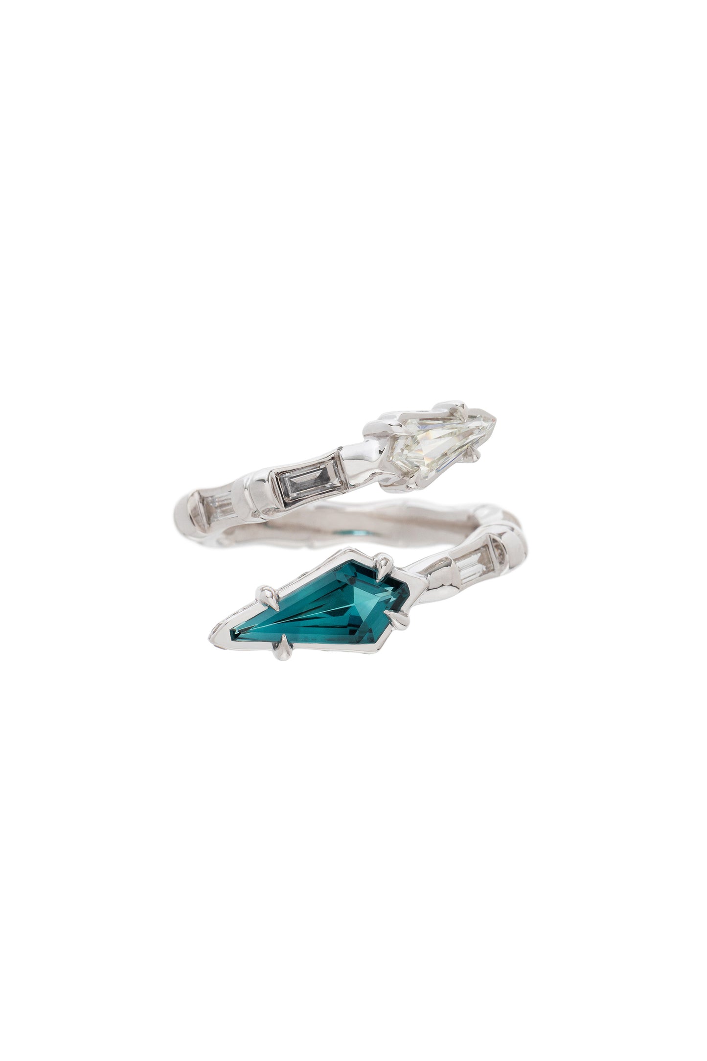 Indicolite tourmaline Bamboo ring with white diamonds in 18k white gold