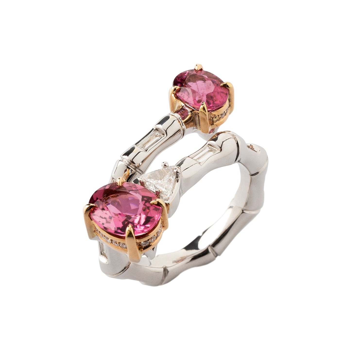 Pink tourmaline Bamboo ring with white diamonds in 18k white and rose gold