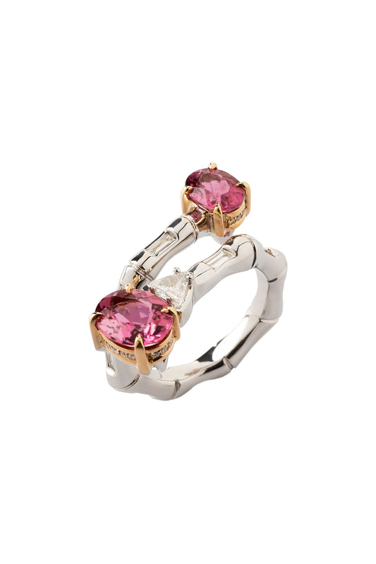 Pink tourmaline Bamboo ring with white diamonds in 18k white and rose gold