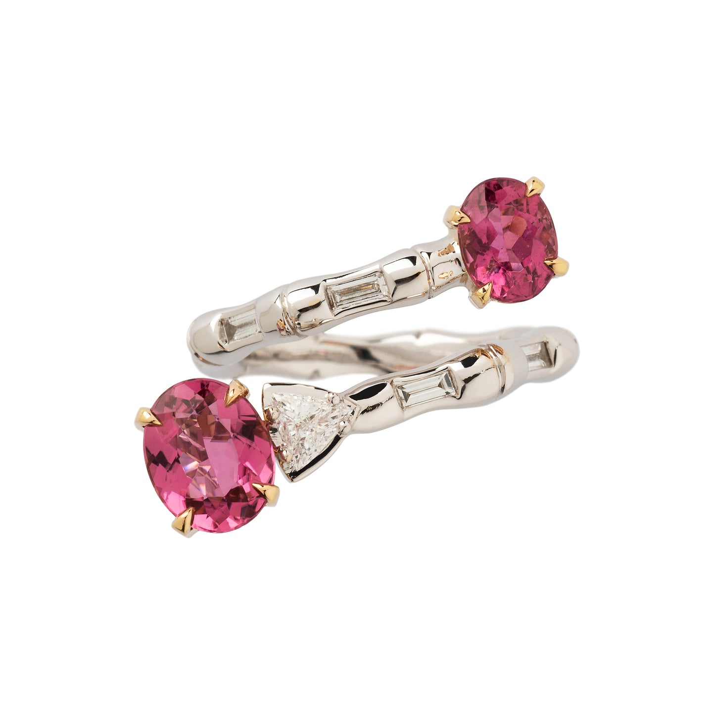 Pink tourmaline Bamboo ring with white diamonds in 18k white and rose gold